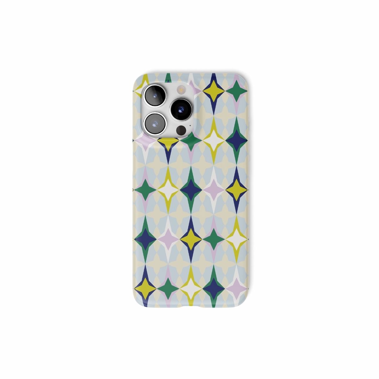 Snap phone case Magic Winter pattern design with a dynamic geometric symmetry in geometric style, featuring an elegant and expressive aesthetic design. Main colors are divine blue, yellow, green and deep blue. Front view.