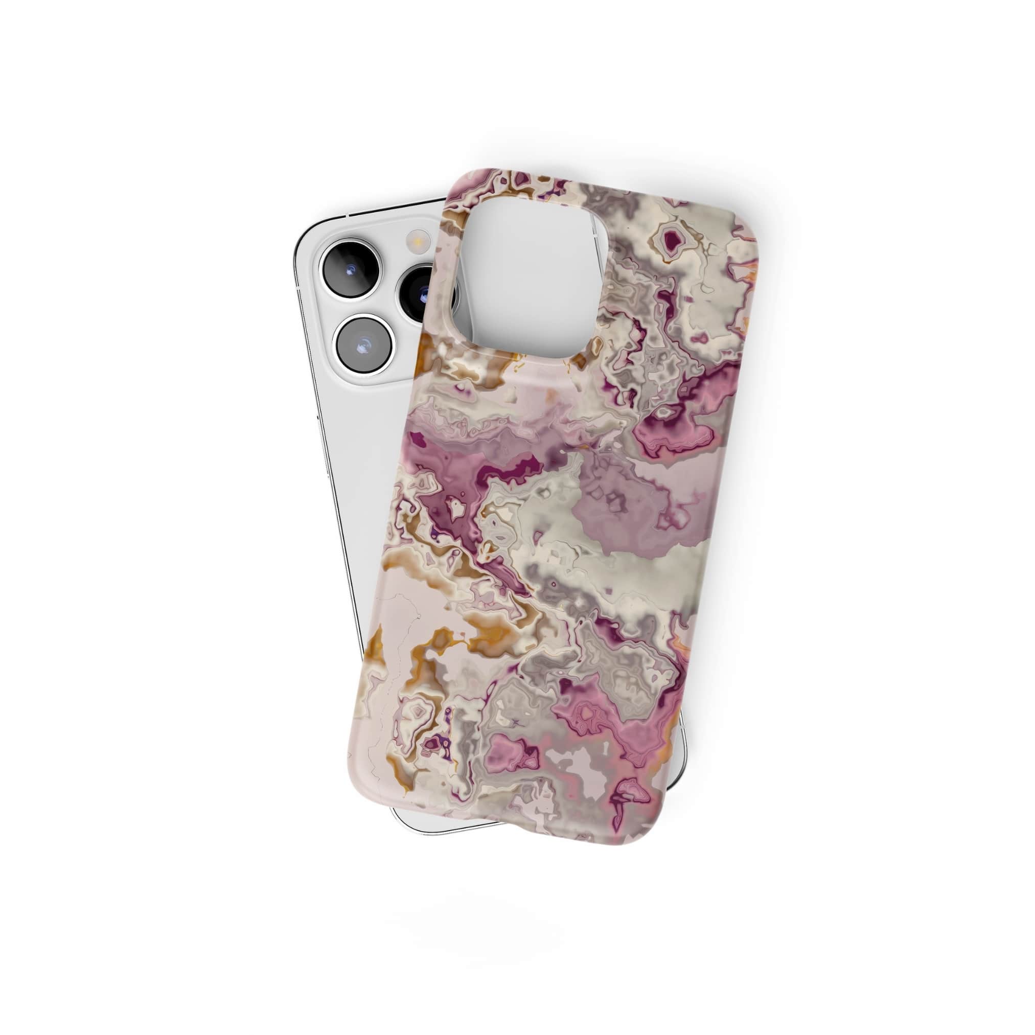 Ultra thin snap phone case front view; Marshmallow 1 pattern, artistic, abstract marble pattern. Pink and beige color combination. Bold expressive aesthetic design. Colorful and interior fit. Elegant.