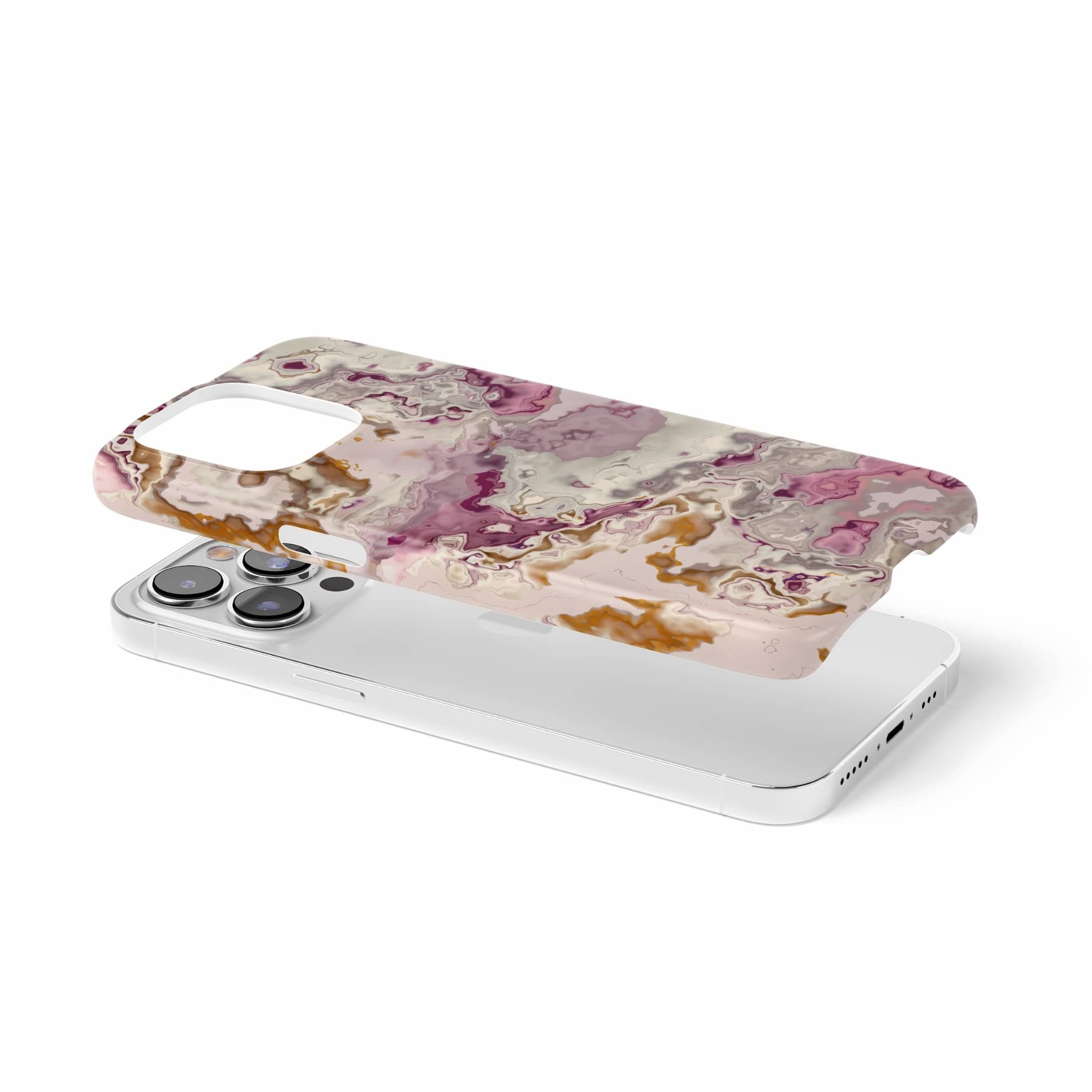 Ultra thin snap phone case extend view; Marshmallow pattern, artistic, abstract marble pattern. Pink and beige color combination.