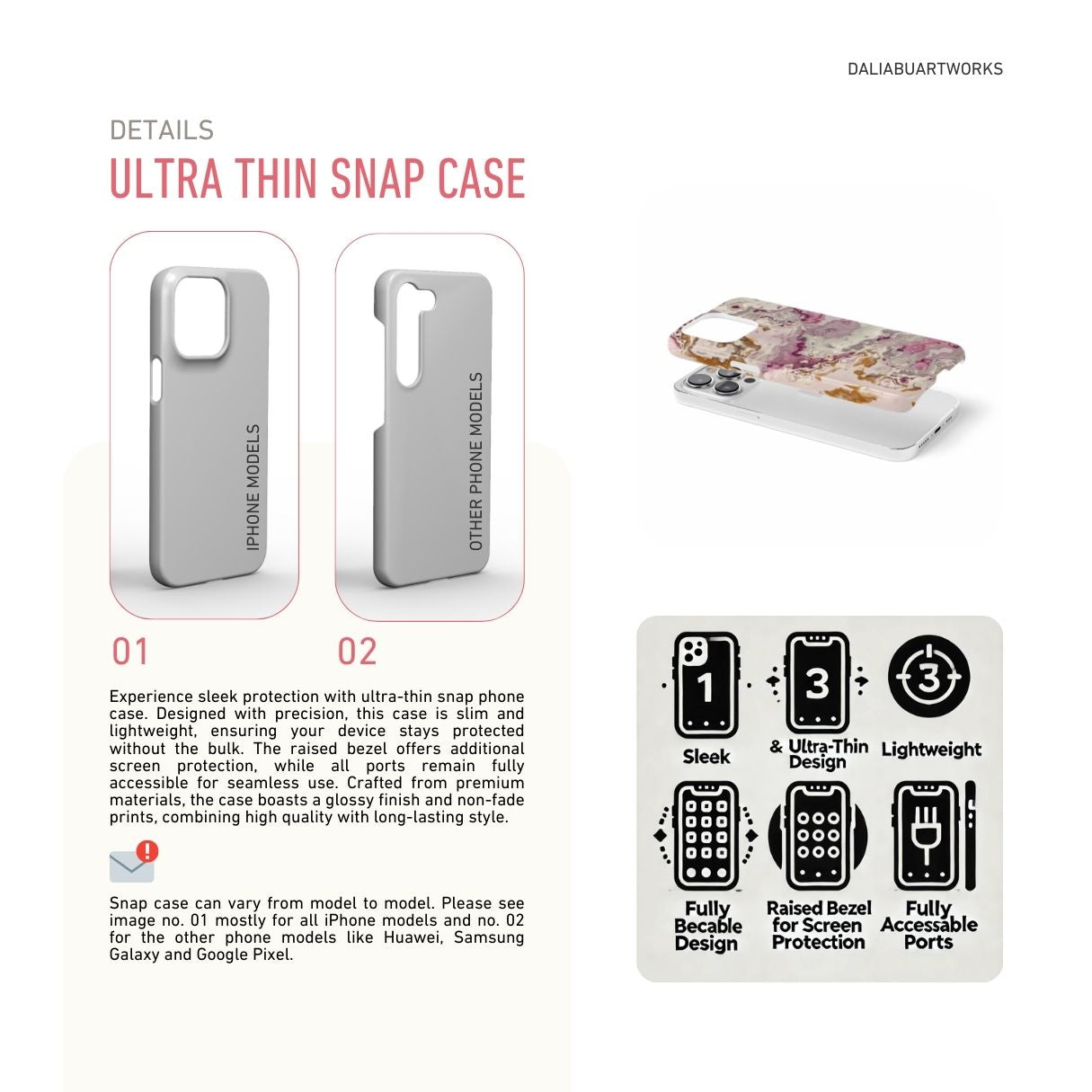 Ultra thin snap phone case front view; Marshmallow pattern, artistic, abstract marble pattern. Pink and beige color combination. Details how to select correct phone case as per your phone model and features about snap snug fit phone case.