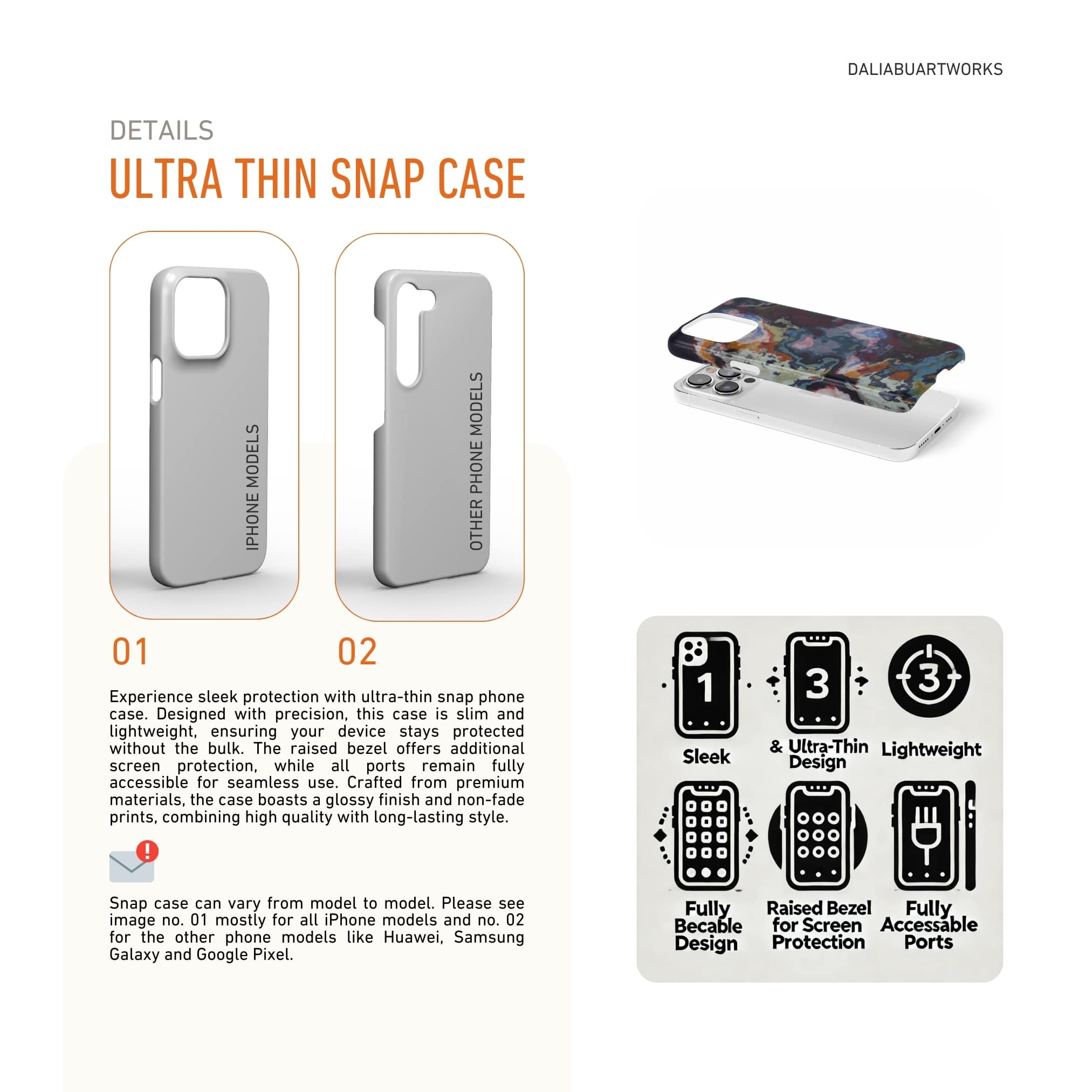 Ultra thin snap phone case front view; Molten Berries 1 pattern, artistic, abstract marble pattern. Deep. purple color. Details how to select correct phone case as per your phone model and features about snap snug fit phone case.