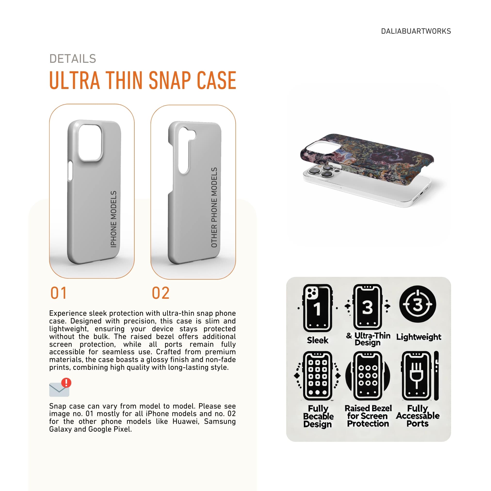 Ultra thin snap phone case front view; Molten Berries 2 pattern, artistic, abstract marble pattern. Deep. purple color. Details how to select correct phone case as per your phone model and features about snap snug fit phone case.