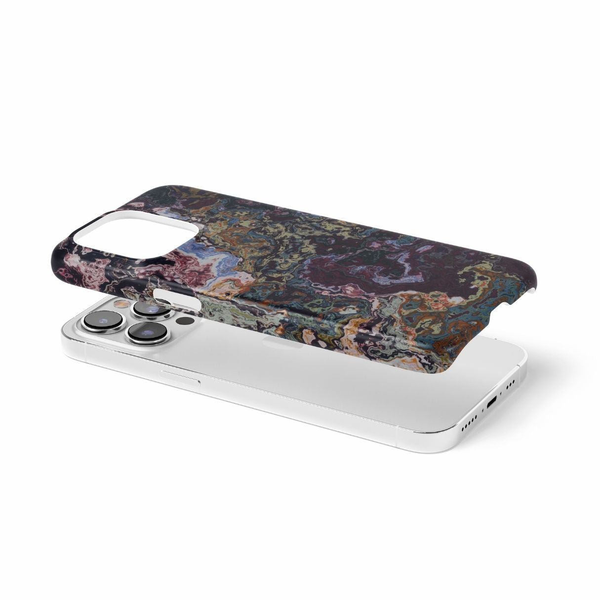 Ultra thin snap phone case extend view; Molten Berries Mix pattern, artistic, abstract marble pattern. Deep. purple color. Bold expressive aesthetic design. Colorful and interior fit. Elegant.