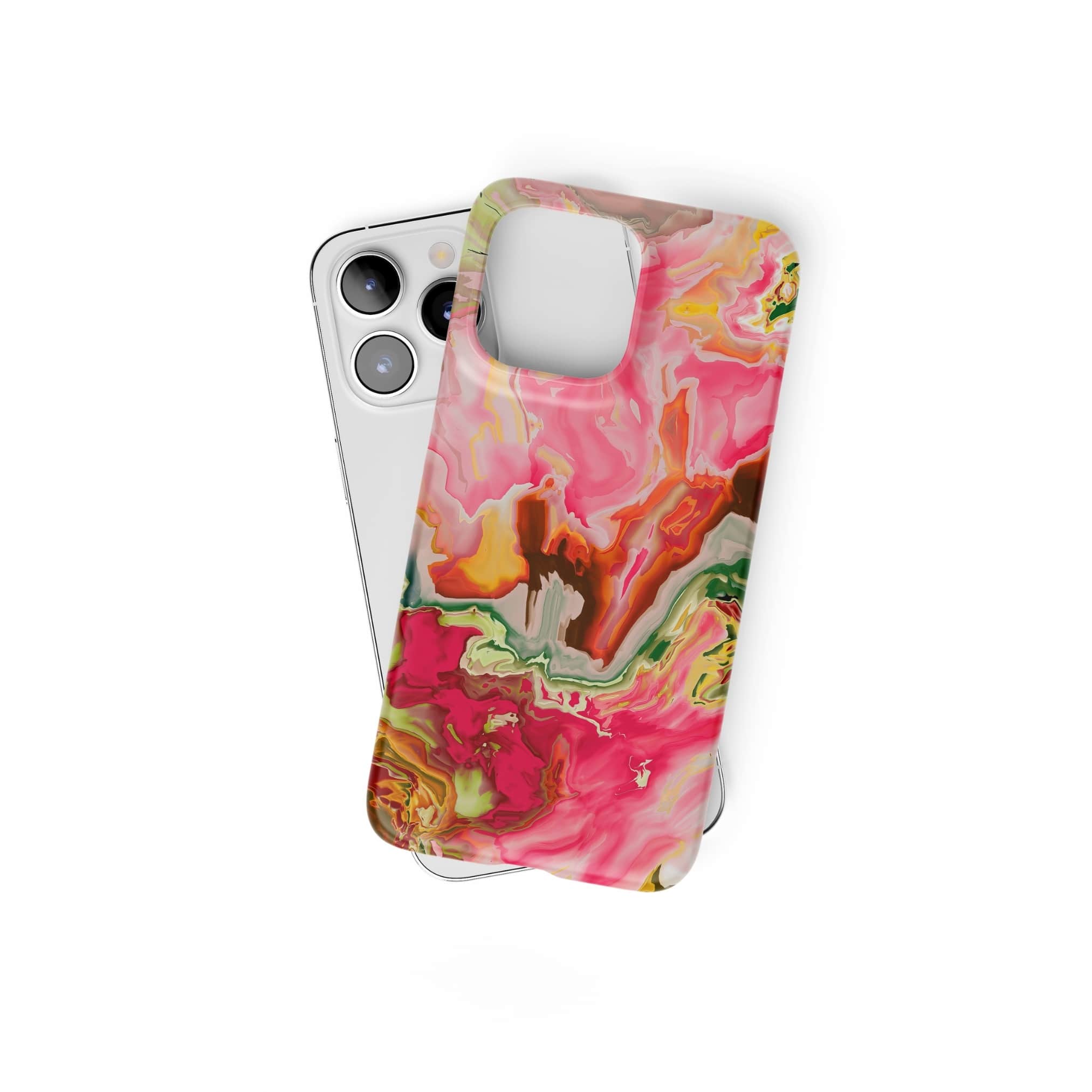 Ultra thin snap phone case front view; Neon Pink 1 pattern, artistic, abstract marble pattern. Pink and green color combination. Bold expressive aesthetic design. Colorful and interior fit. Elegant.