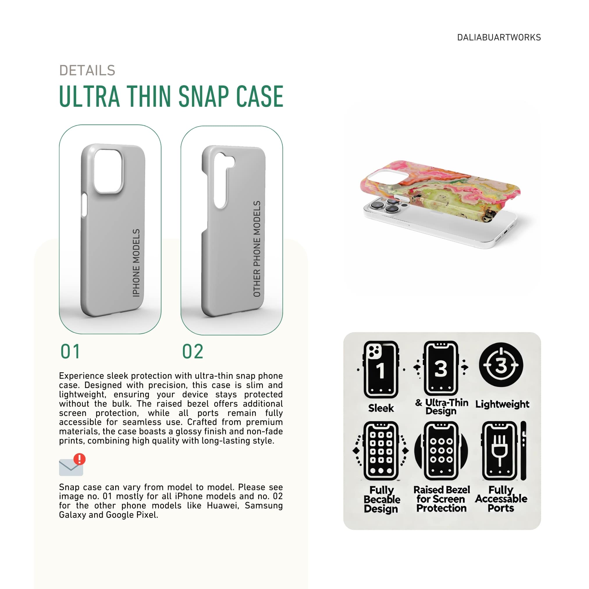 Ultra thin snap phone case front view; Neon Pink Light pattern, artistic, abstract marble pattern. Light pink and green color combination. Details about ultra thin snug fit phone cover features.