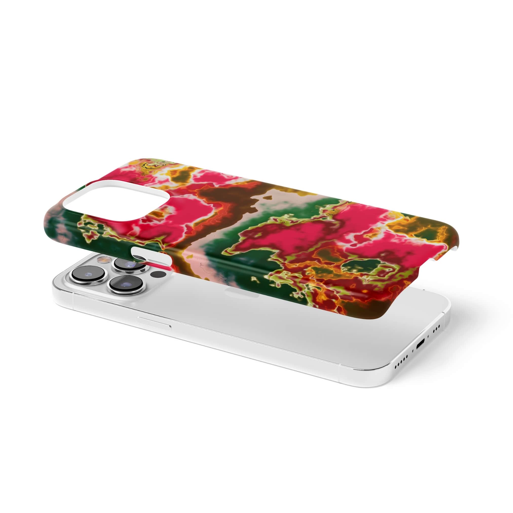 Ultra thin snap phone case extend view; Neon Pink Rich pattern, artistic, abstract marble pattern. Pink and green color combination.