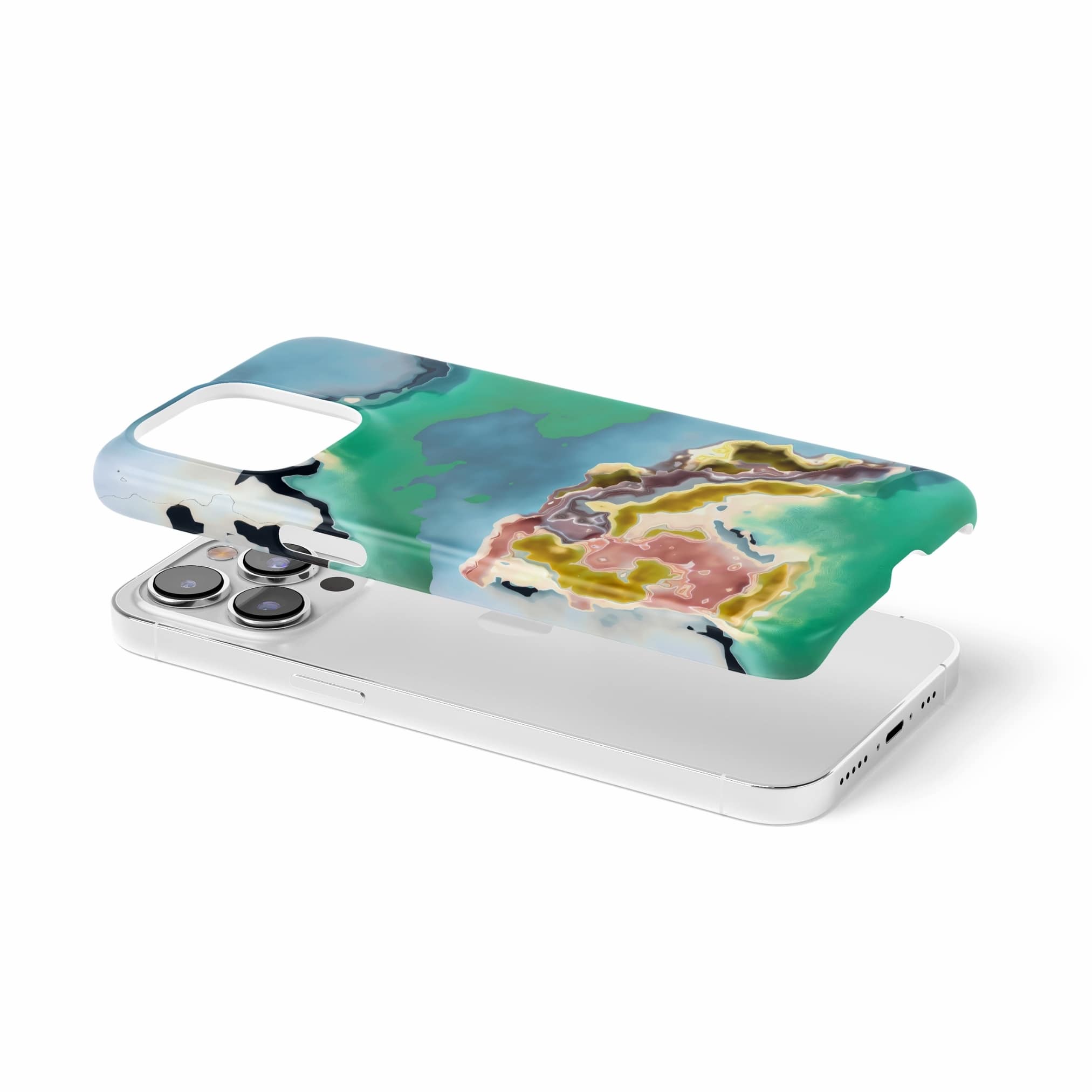 Snap ultra thin phone case with a bold vivid pattern Oceans Breath 1 in marble abstract and artistic style, featuring an elegant and expressive aesthetic design. Main colors are blue and green. Extend view.