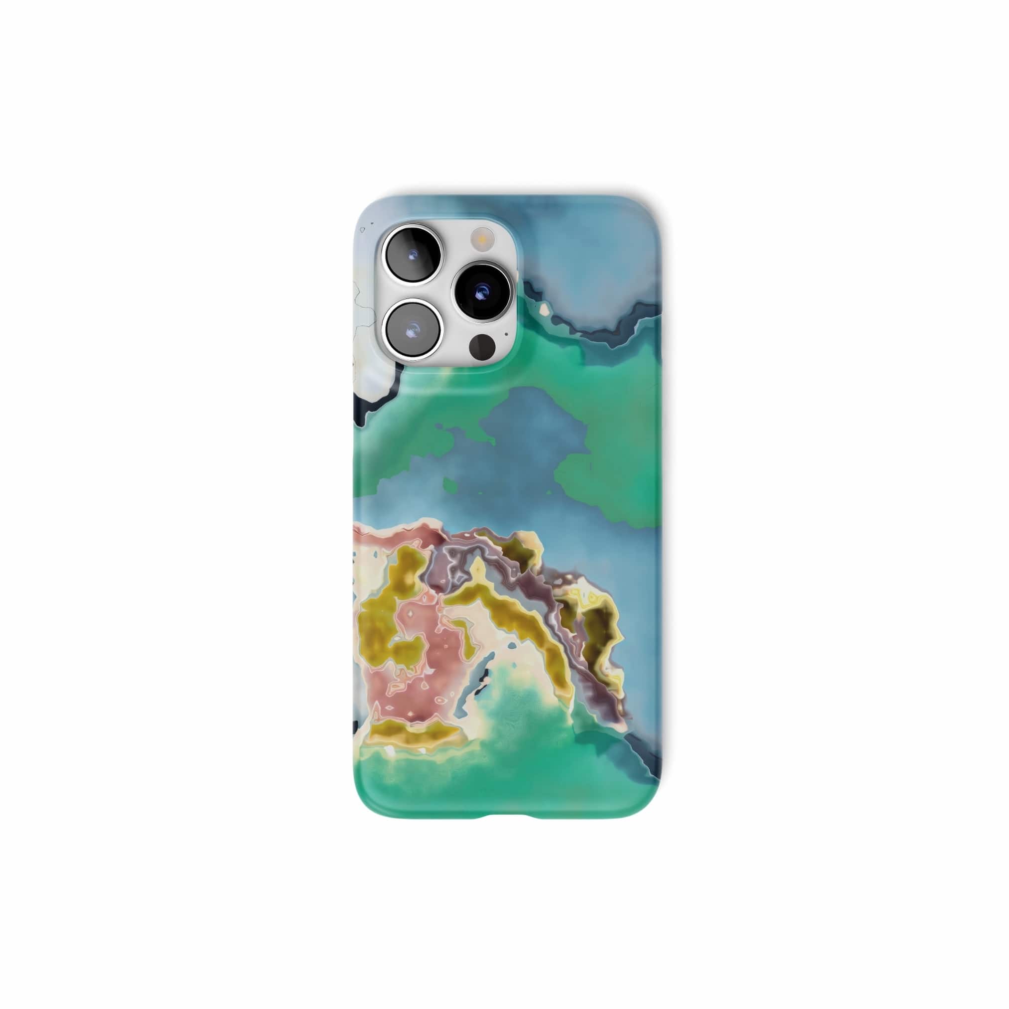 Snap ultra thin phone case with a bold vivid pattern Oceans Breath 1 in marble abstract and artistic style, featuring an elegant and expressive aesthetic design. Main colors are blue and green. Front.