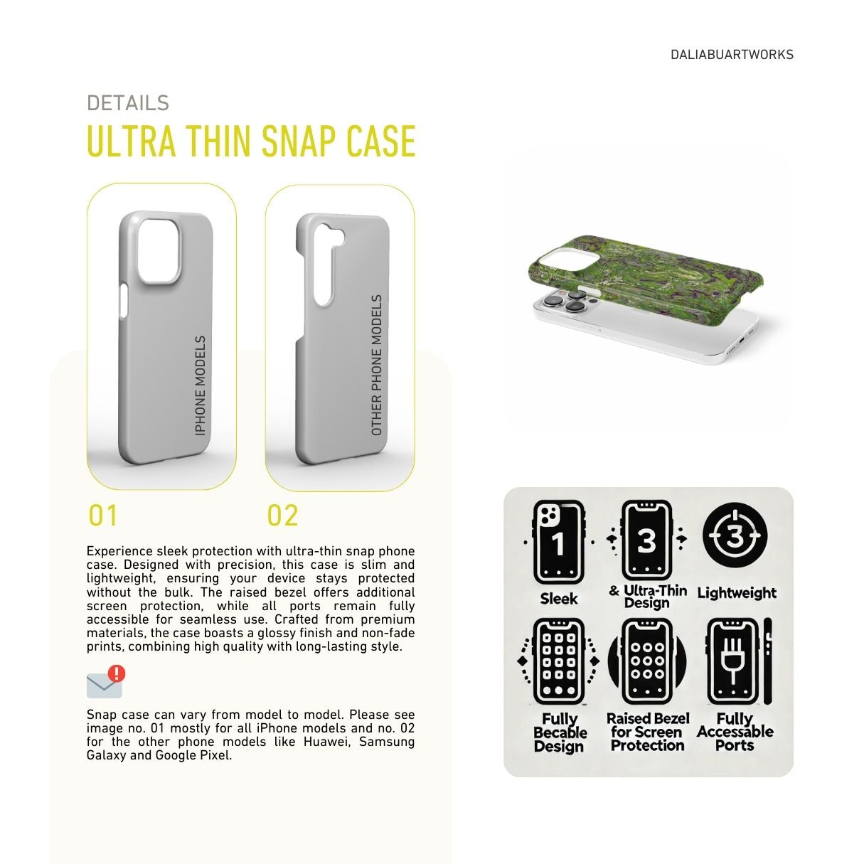 Ultra thin snap phone case with a bold vivid pattern Olive Smash abstract and artistic style, featuring an elegant and expressive aesthetic design. Main colors are olive green and purple hues. Description.
