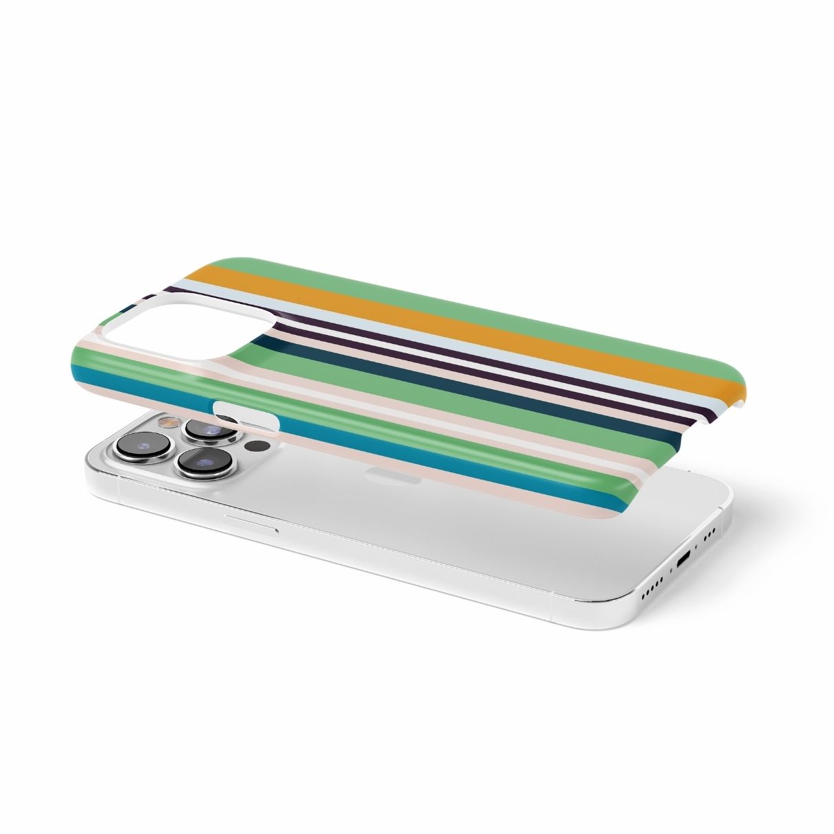 Ultra thin snap phone case Parallel Flow Mint pattern with tiny color stripes, featuring an elegant and expressive aesthetic design. Main colors are minty sage, powder pink, navy blue, orange. Extend view.