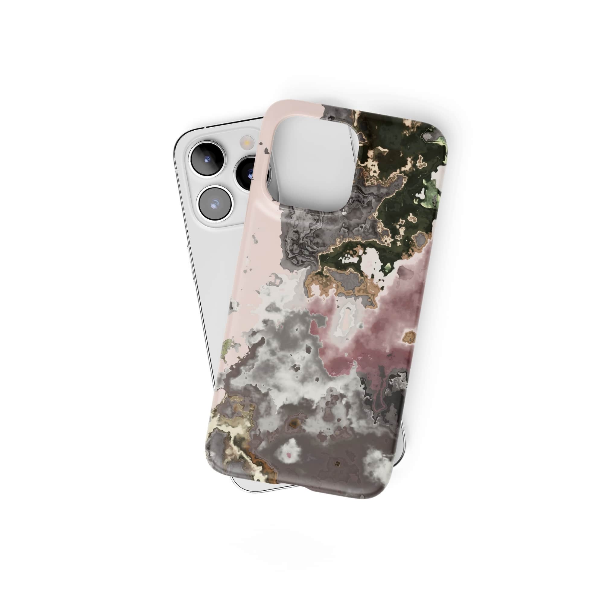 Ultra thin snap phone case front view; Pink Moss 1 pattern, artistic, abstract marble pattern. Pink and grey color combination. Bold expressive aesthetic design. Colorful and interior fit. Elegant.