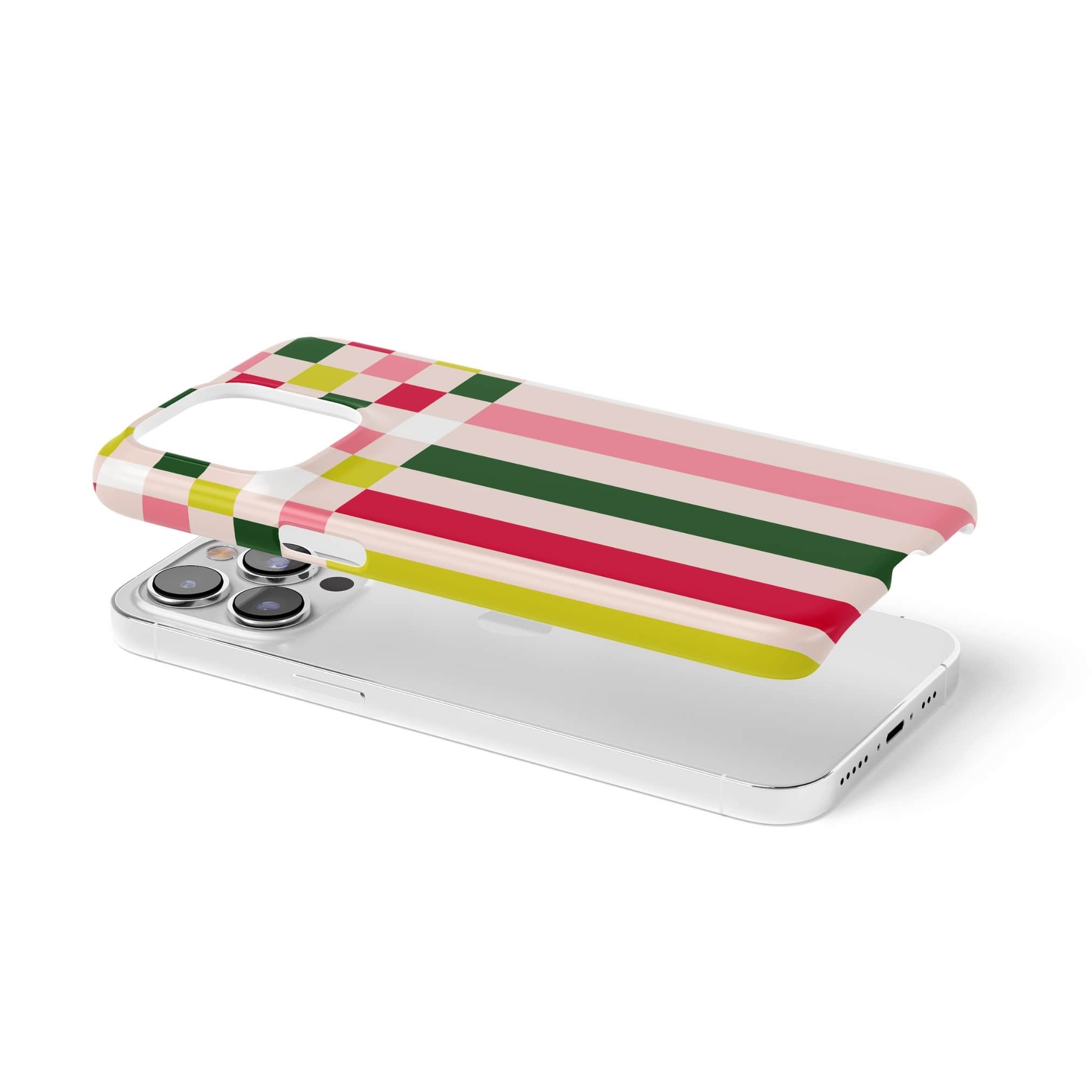 Ultra thin snap snug fit phone case Pixel Grid 1 pattern design with a bold color blocks in pixel and stripes modern style, featuring an elegant and expressive aesthetic design. Main colors are rich red, pink yellow and green. Extend view.