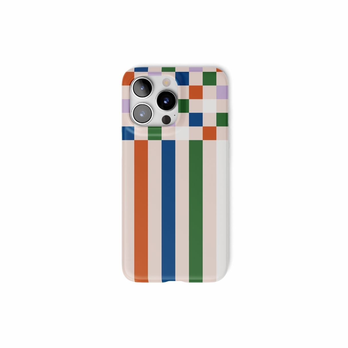 Ultra thin snap phone case Pixel Grid Multi pattern design with a bold color blocks in pixel and stripes modern style, featuring an elegant and expressive aesthetic design. Main colors are rich orange, blue, lilac and green. Front view.