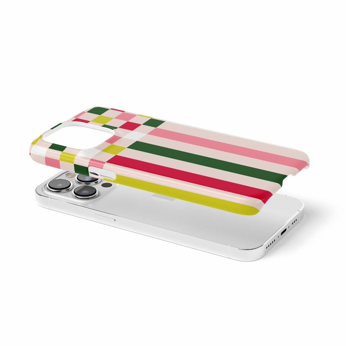 Ultra thin snap snug fit phone case Pixel Grid Pink pattern design with a bold color blocks in pixel and stripes modern style, featuring an elegant and expressive aesthetic design. Main colors are rich red, pink yellow and green. Extend view.