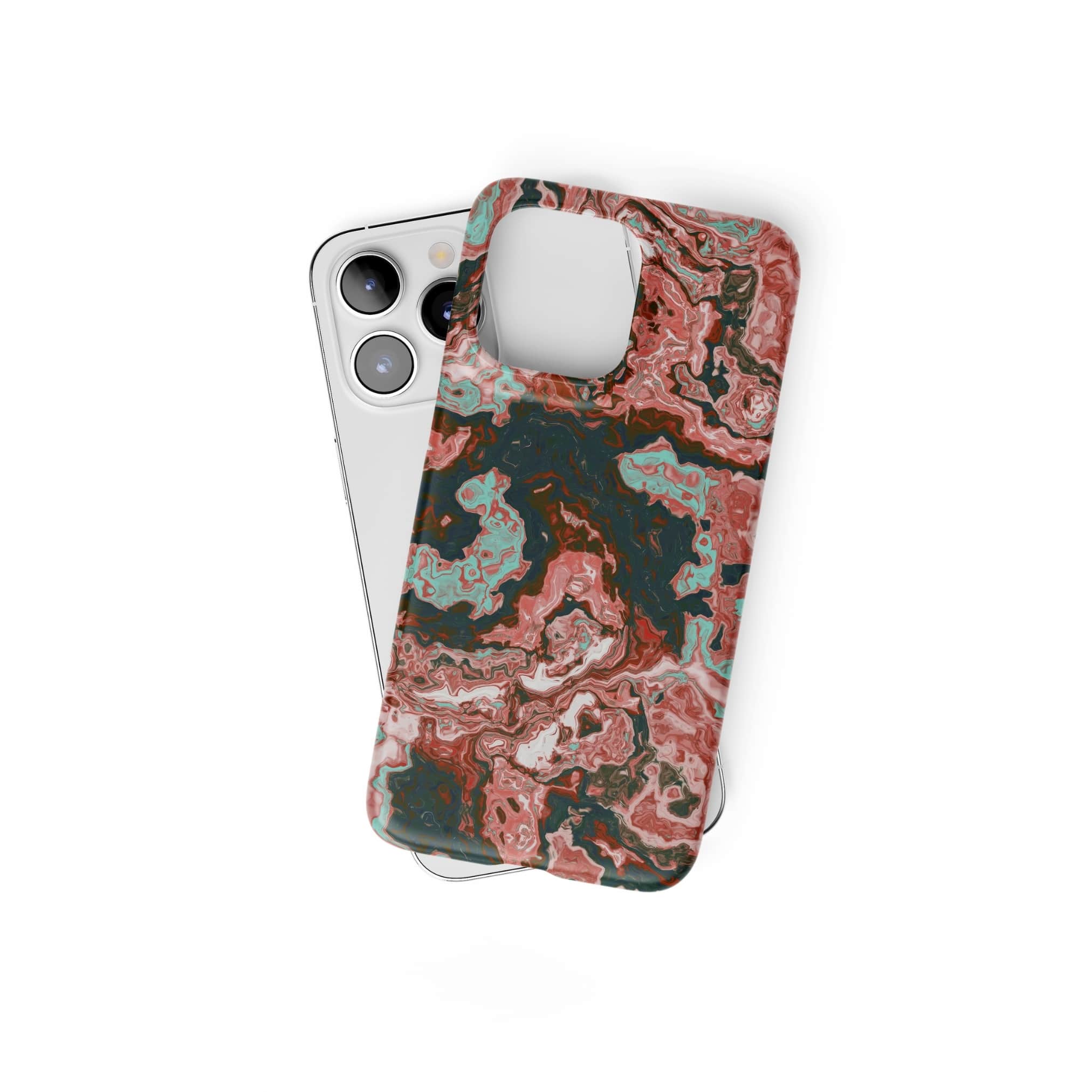 Ultra thin snap phone case front view; Red Coffee 1 pattern, artistic, abstract marble pattern. Red and light blue color combination. Bold expressive aesthetic design. Colorful and interior fit. Elegant.
