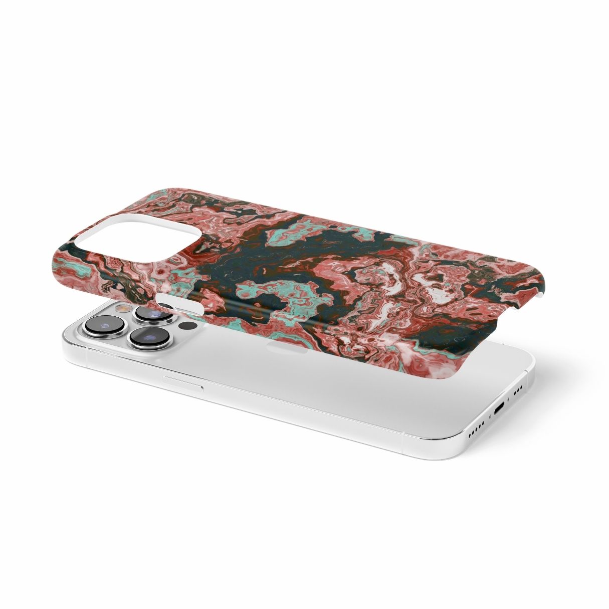 Ultra thin snap phone case extend view; Red Coffee pattern, artistic, abstract marble pattern. Red and light blue color combination.