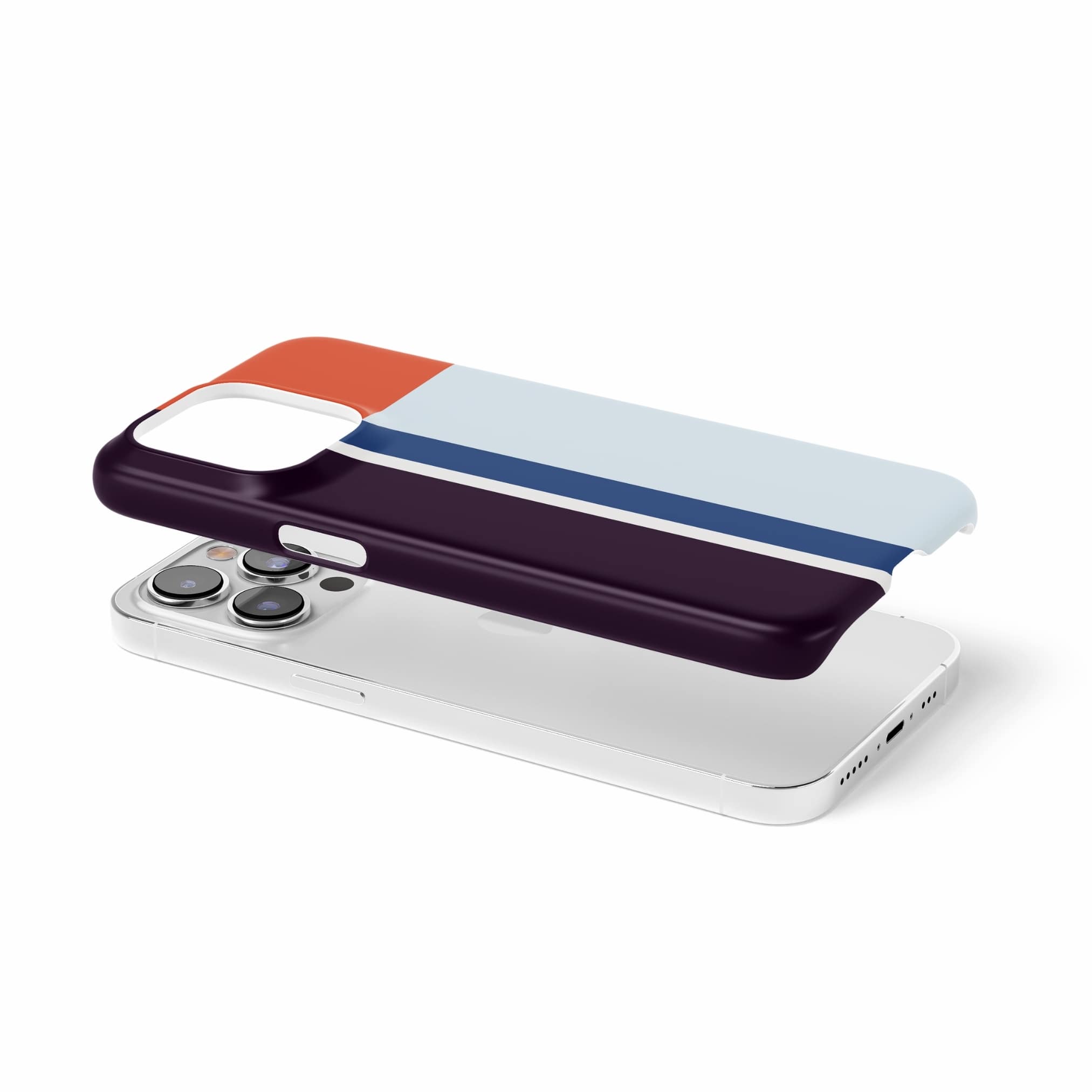 Ultra thin snap phone case Retro Stripes Blue pattern design with a bold color blocks in vintage, mid century modern style, featuring an elegant and expressive aesthetic design. Main colors are deep purple, navy, light blue and orange red. Extend view.