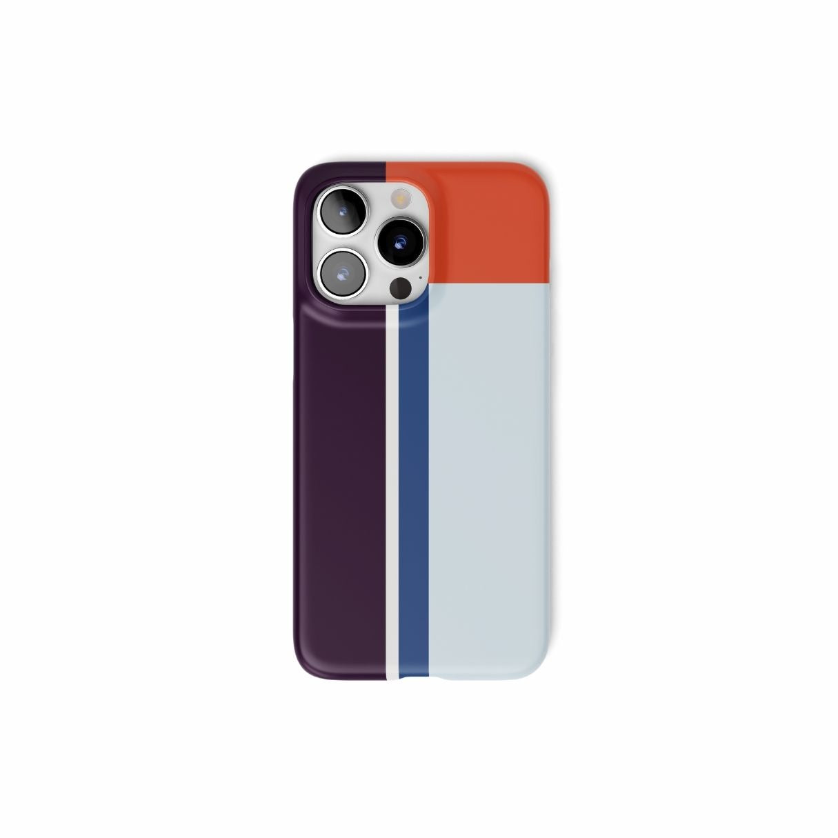 Ultra thin snap phone case Retro Stripes Blue pattern design with a bold color blocks in vintage, mid century modern style, featuring an elegant and expressive aesthetic design. Main colors are deep purple, navy, light blue and orange red. Front view.