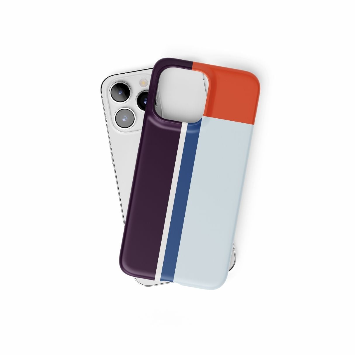 Ultra thin snap phone case Retro Stripes Blue pattern design with a bold color blocks in vintage, mid century modern style, featuring an elegant and expressive aesthetic design. Main colors are deep purple, navy, light blue and orange red. Front view.