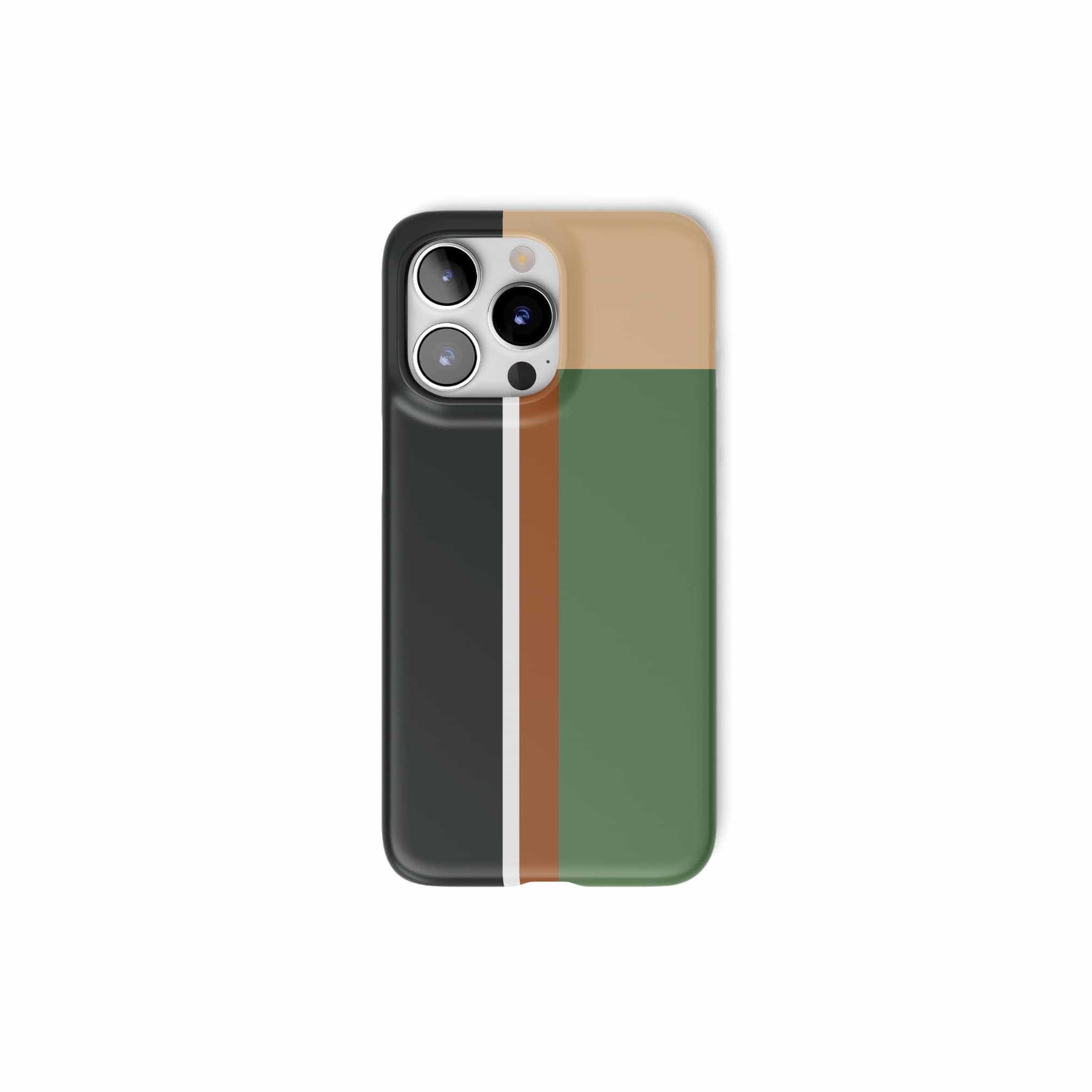 Ultra thin snap phone phone case Retro Stripes Khaki pattern design with a bold color blocks in vintage, mid century modern style, featuring an elegant and expressive aesthetic design. Main colors are khaki, dark green, brown and cappuccino. Front view.
