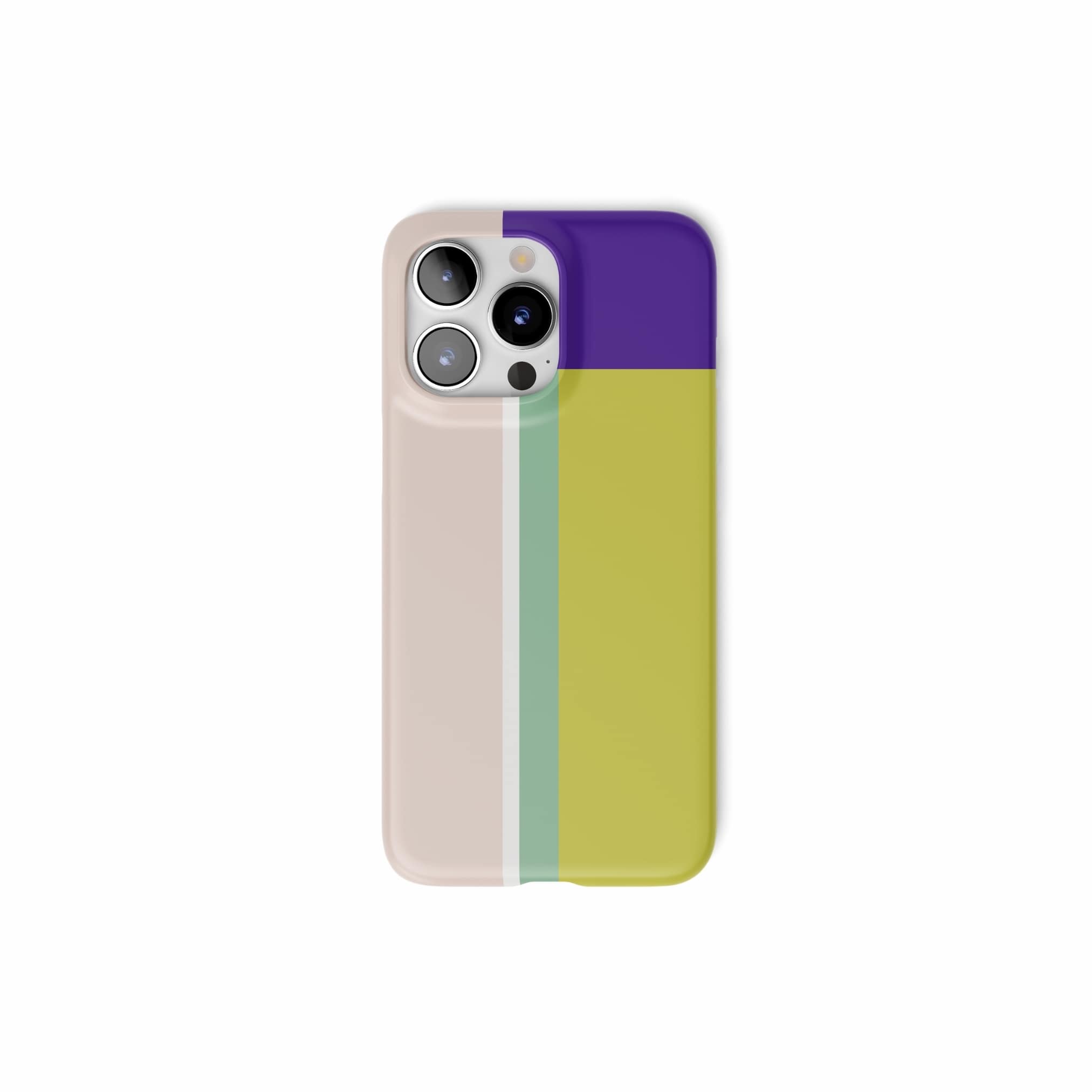 Ultra thin snap phone case Retro Stripes Yellow pattern design with a bold color blocks in vintage, mid century modern style, featuring an elegant and expressive aesthetic design. Main colors are mustard yellow, purple and light pink. Front view.