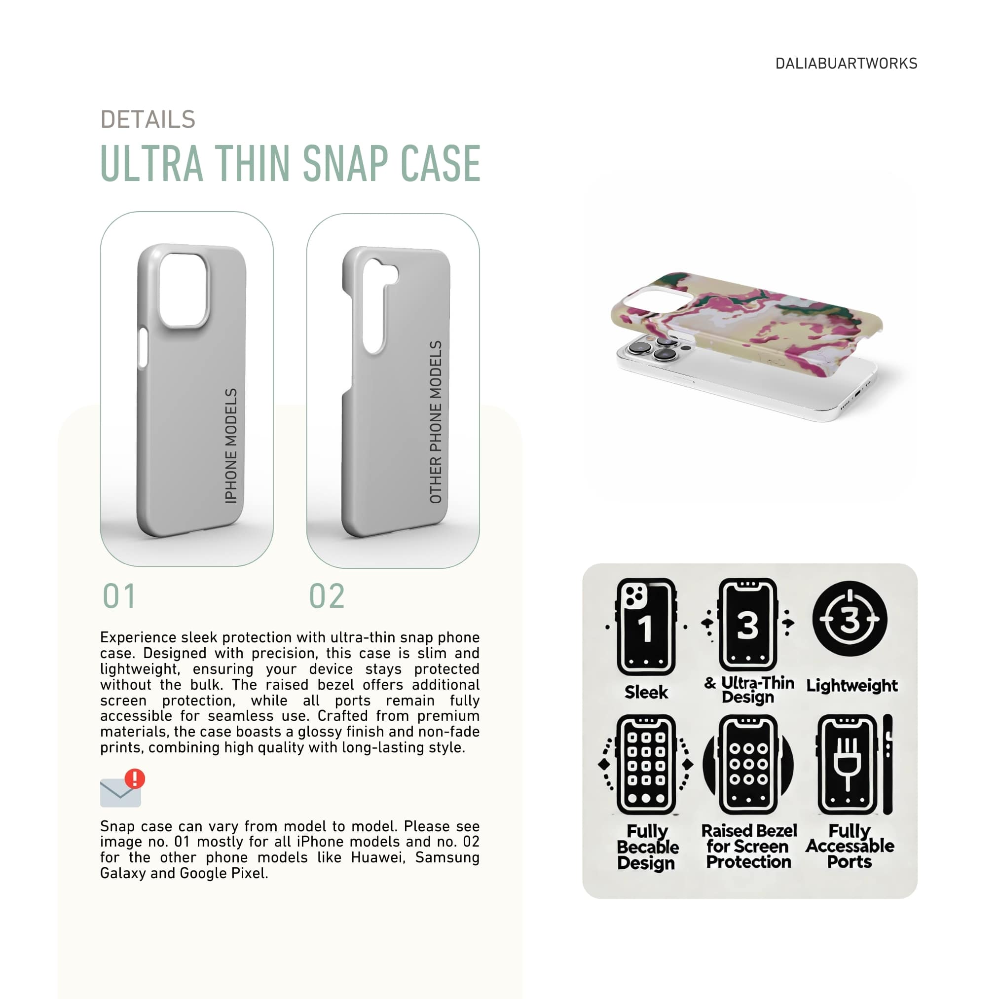 Ultra thin snap phone case front view; Sandscape dream 1 pattern, artistic, abstract marble pattern. Beige and purple color combination. Description about ultra thin snug fit phone cover features.
