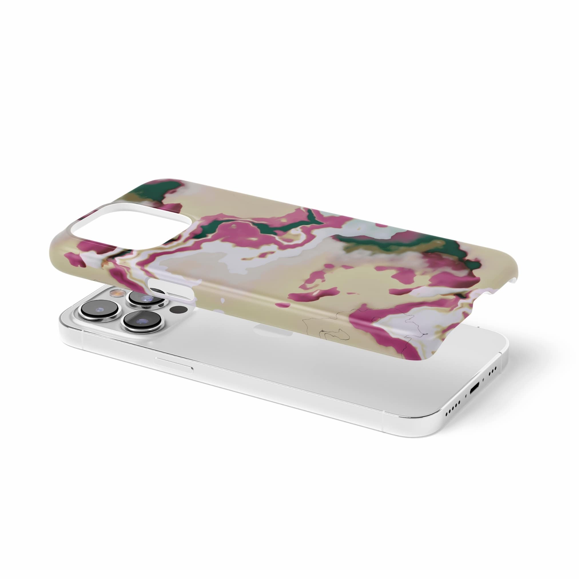 Ultra thin snap phone case extend view; Sandscape dream 1 pattern, artistic, abstract marble pattern. Beige and purple color combination.