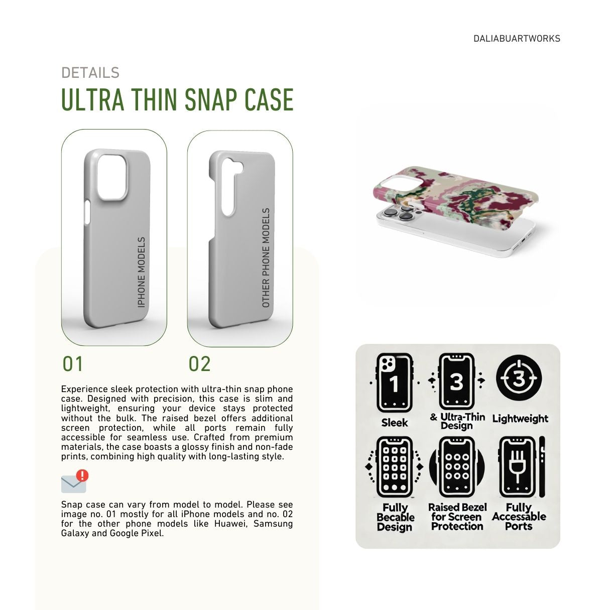 Ultra thin snap phone case with Sandscape Dream Burgundy pattern in artistic, abstract shape. Beige, green and bordeaux color combination. Bold expressive aesthetic design. Colorful and interior fit. Elegant. Description.