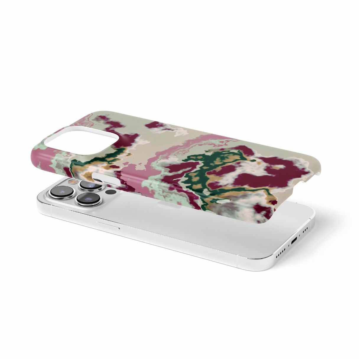 Ultra thin snap phone case with Sandscape Dream Burgundy pattern in artistic, abstract shape. Beige, green and bordeaux color combination. Bold expressive aesthetic design. Colorful and interior fit. Elegant. Extend view.