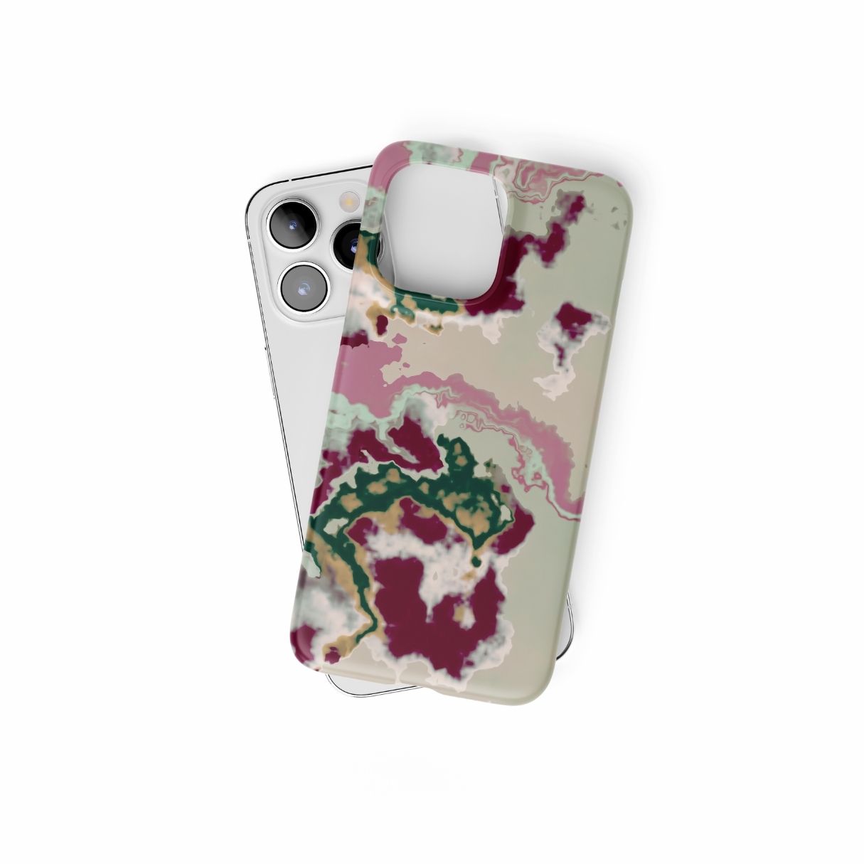 Ultra thin snap phone case with Sandscape Dream Burgundy pattern in artistic, abstract shape. Beige, green and bordeaux color combination. Bold expressive aesthetic design. Colorful and interior fit. Elegant. Front view.