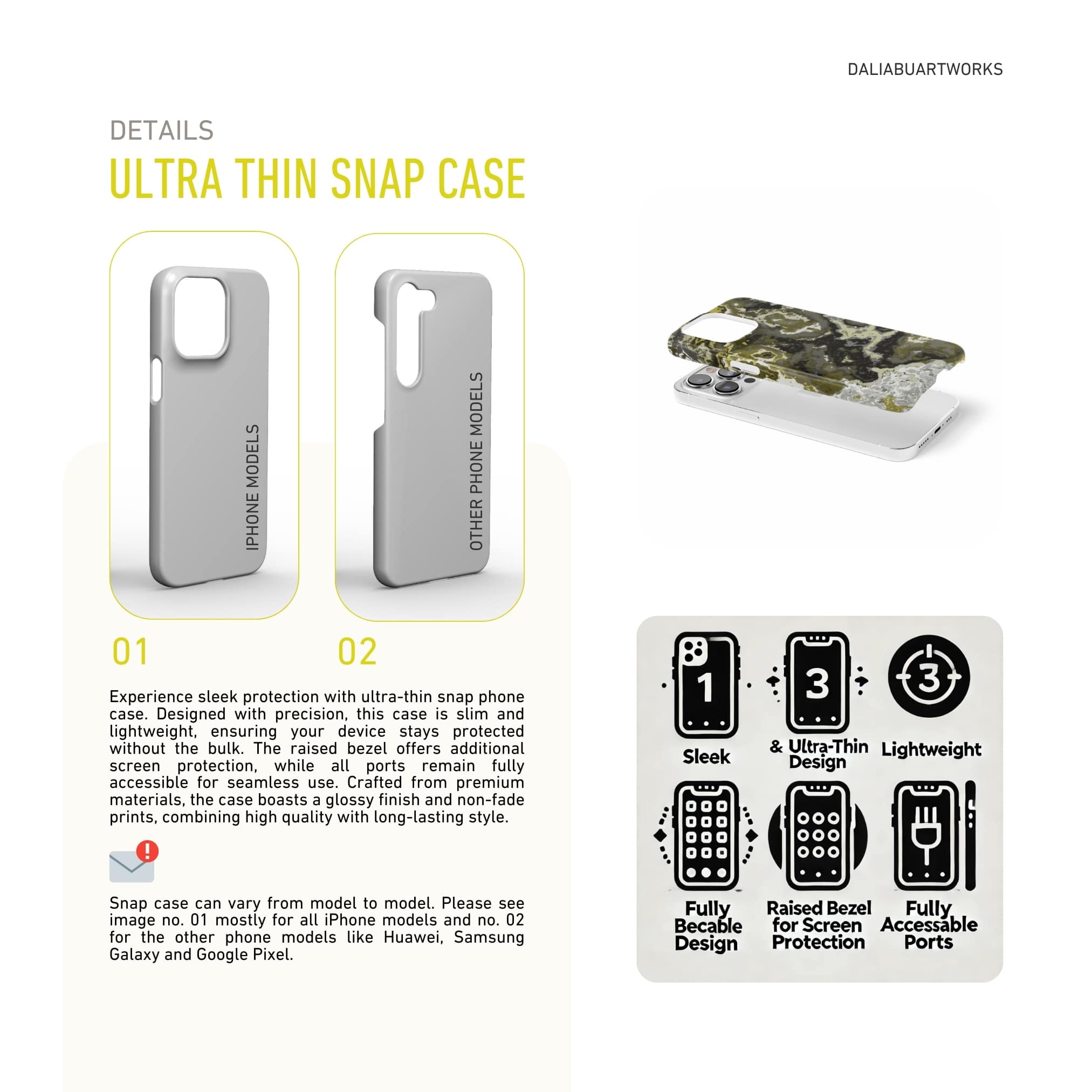 Ultra thin snap phone case front view; Spring Rain 1 pattern, artistic, abstract marble pattern. Black, grey and yellow color combination. Description about ultra thin snug fit phone cover features.