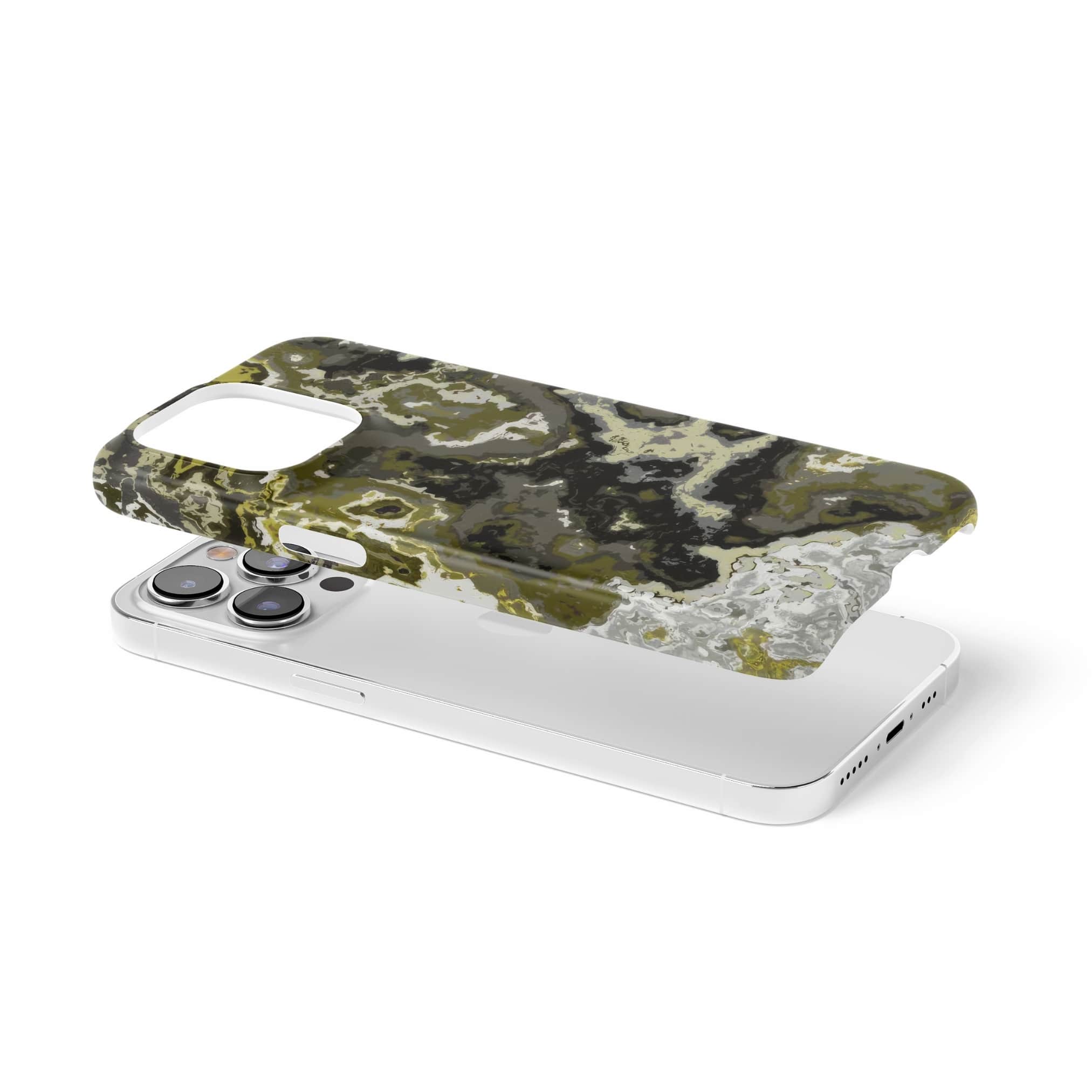 Ultra thin snap phone case extend view; Spring Rain 1 pattern, artistic, abstract marble pattern. Black, grey and yellow color combination.