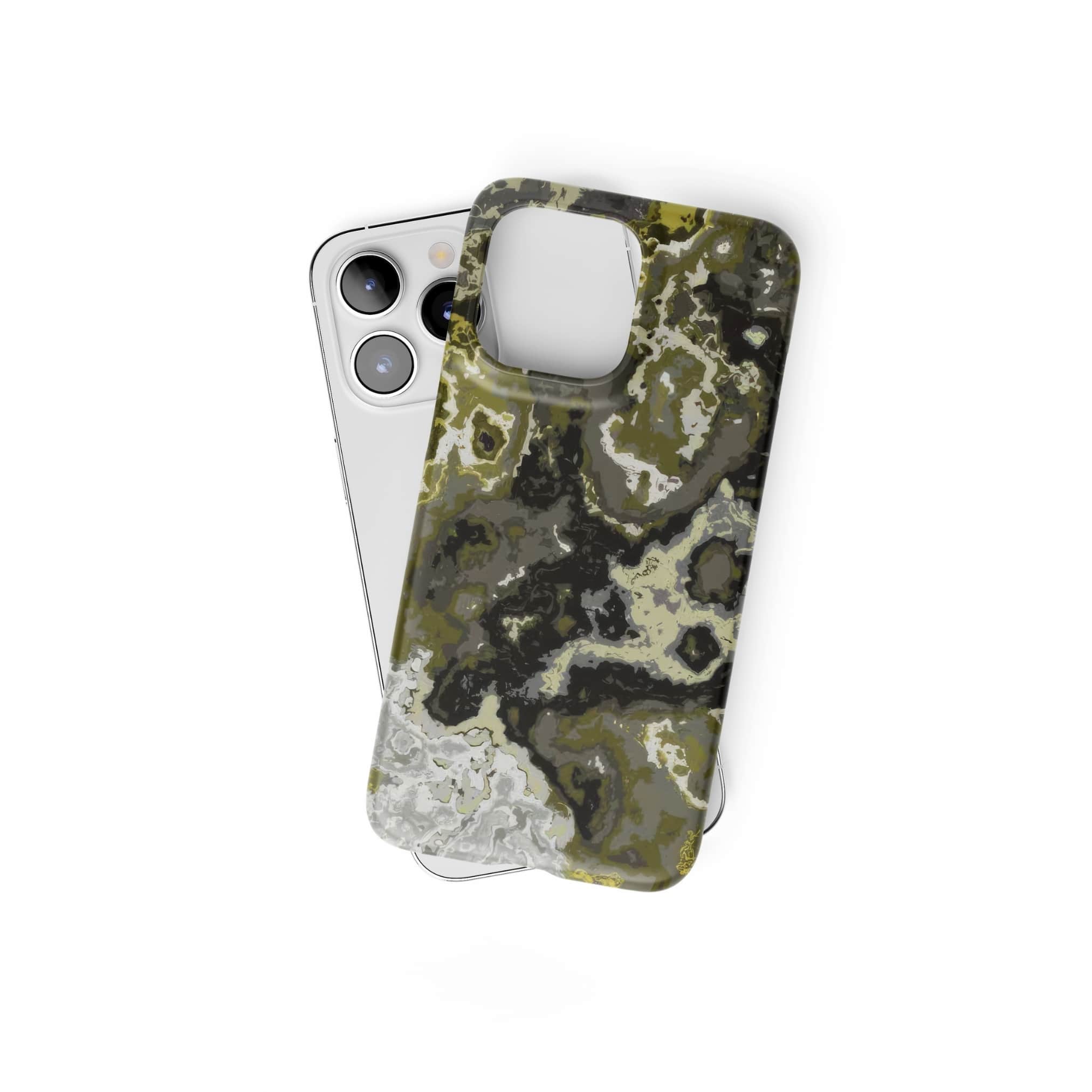 Ultra thin snap phone case front view; Spring Rain 1 pattern, artistic, abstract marble pattern. Black, grey and yellow color combination. Bold expressive aesthetic design. Colorful and interior fit. Elegant.