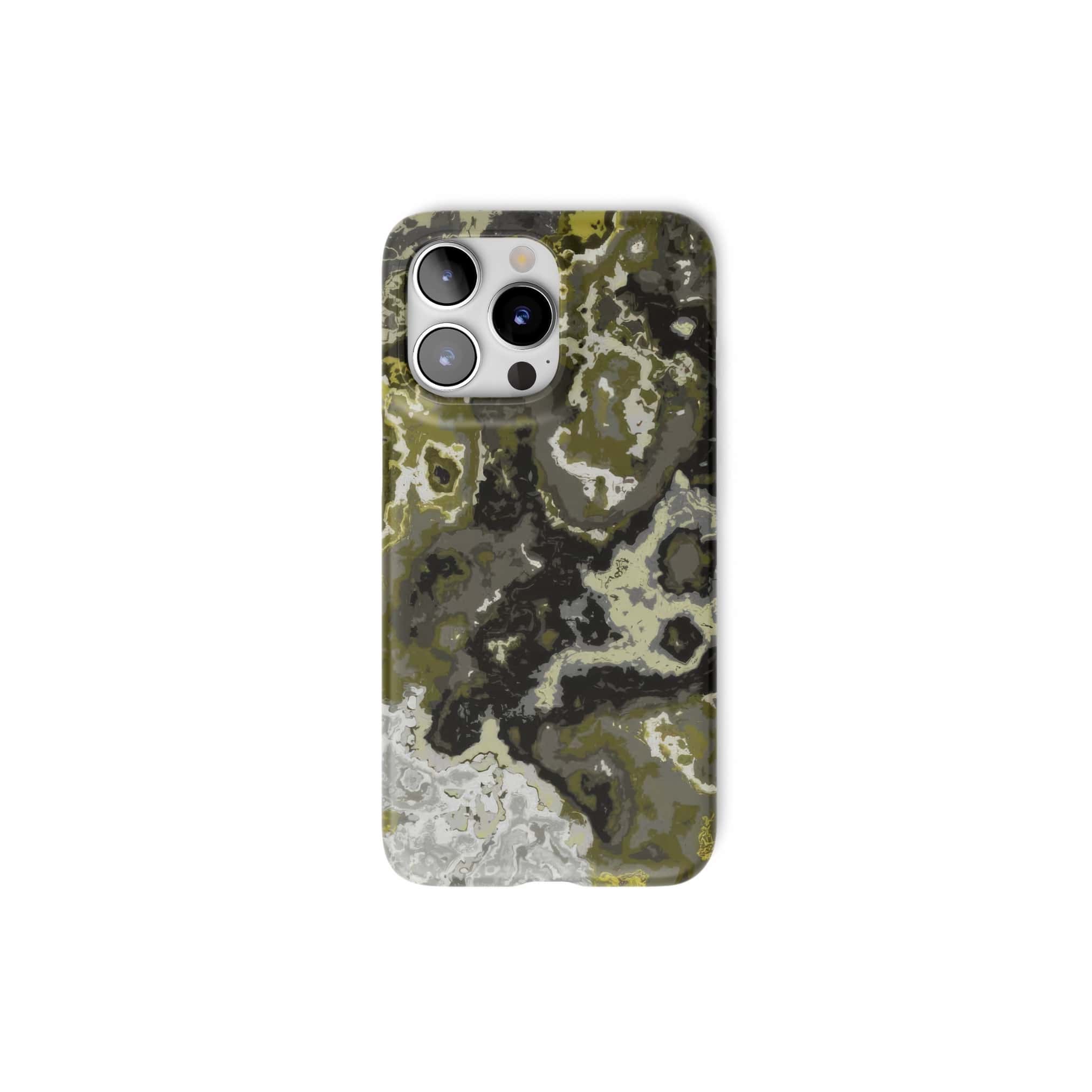 Ultra thin snap phone case front view; Spring Rain 1 pattern, artistic, abstract marble pattern. Black, grey and yellow color combination.