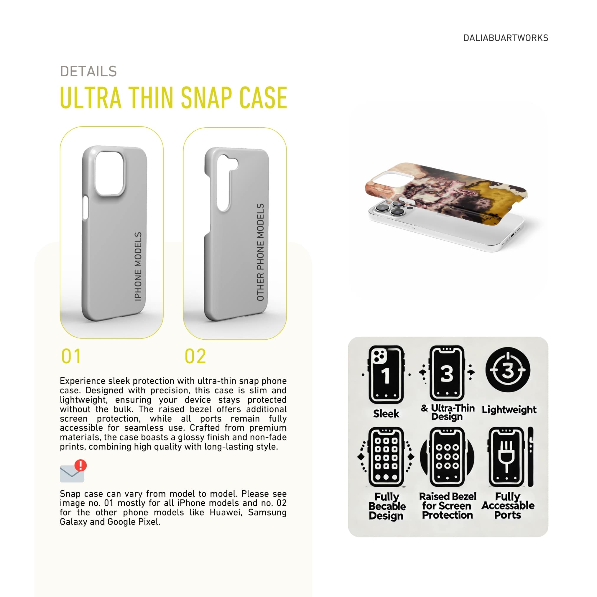 Ultra thin snap phone case front view; storm 1 pattern, artistic, abstract marble pattern. Yellow and beige color combination. Description about ultra thin snug fit phone cover features.