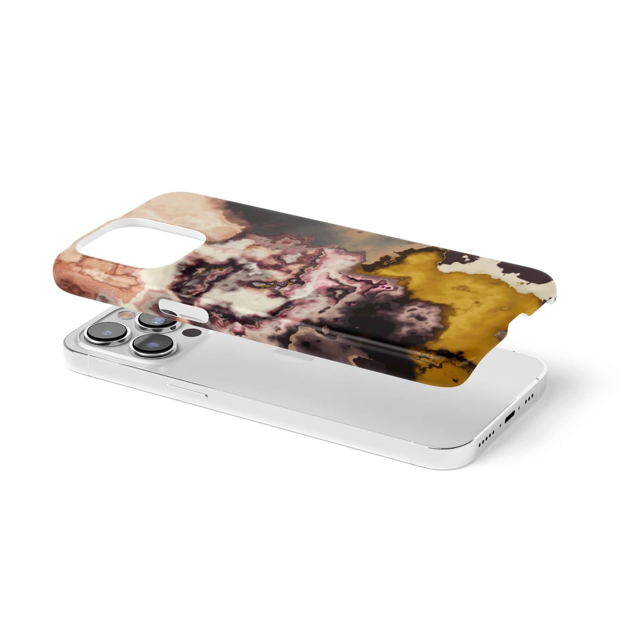 Ultra thin snap phone case extend view; storm 1 pattern, artistic, abstract marble pattern. Yellow and beige color combination.