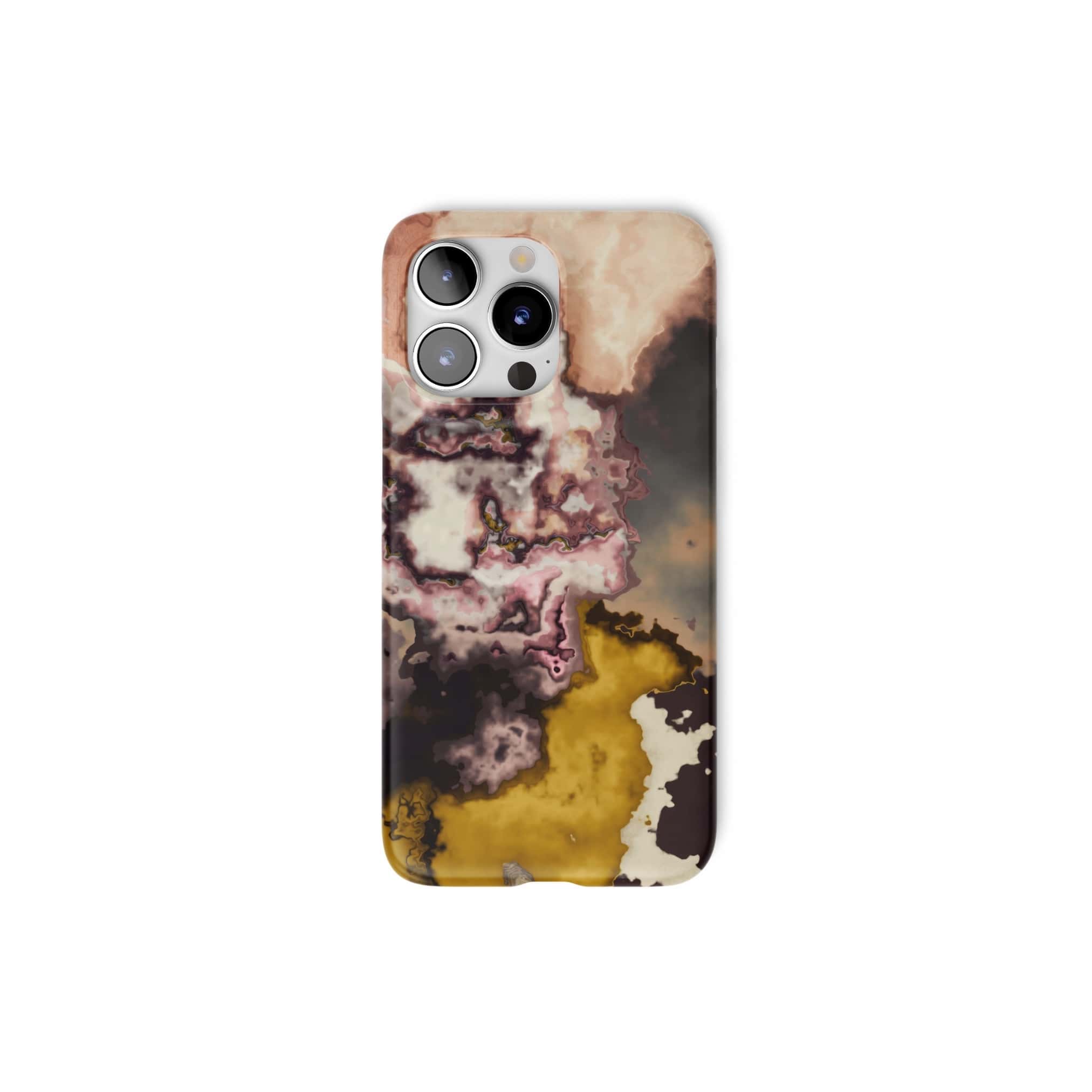 Ultra thin snap phone case front view; storm 1 pattern, artistic, abstract marble pattern. Yellow and beige color combination.