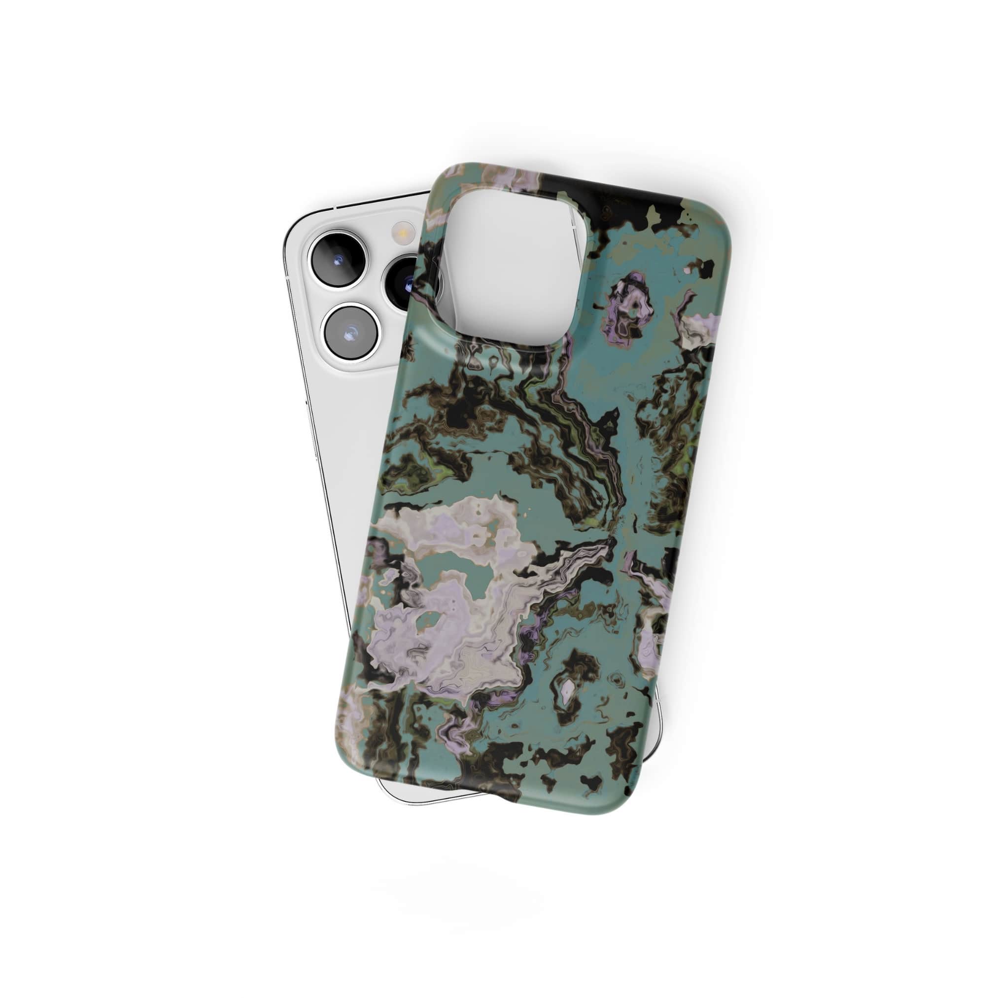 Ultra thin snap phone case with a bold vivid pattern in marble abstract and artistic style, featuring an elegant and expressive aesthetic design. Main colors are teal blue and light lilac. Front view.