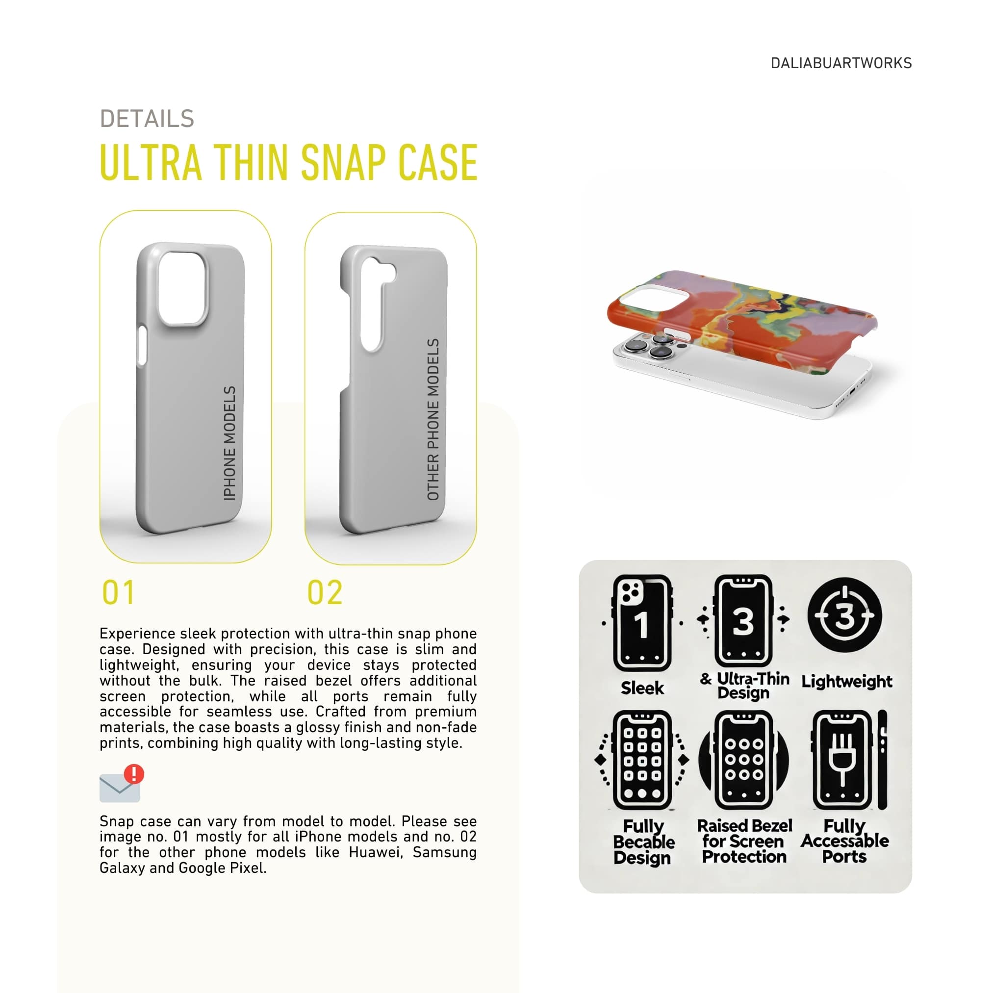 Ultra thin snap phone case front view; Tropical 1 pattern, artistic, abstract marble pattern. Orange and yellow color combination. Description about ultra thin snug fit phone cover features.