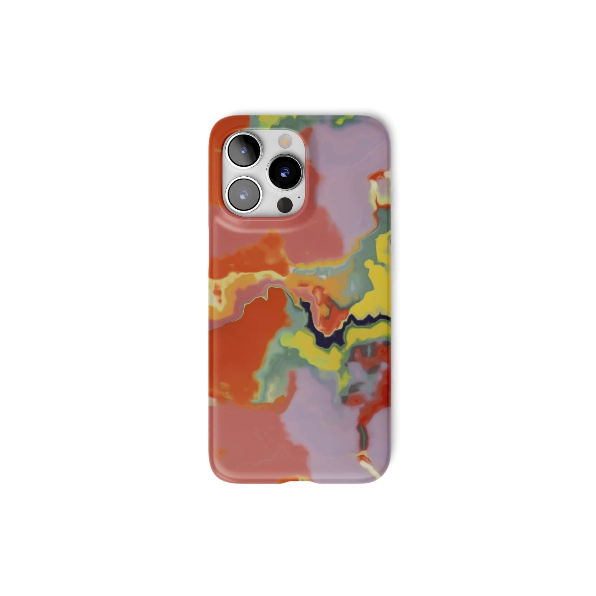 Ultra thin snap phone case front view; Tropical 1 pattern, artistic, abstract marble pattern. Orange and yellow color combination.