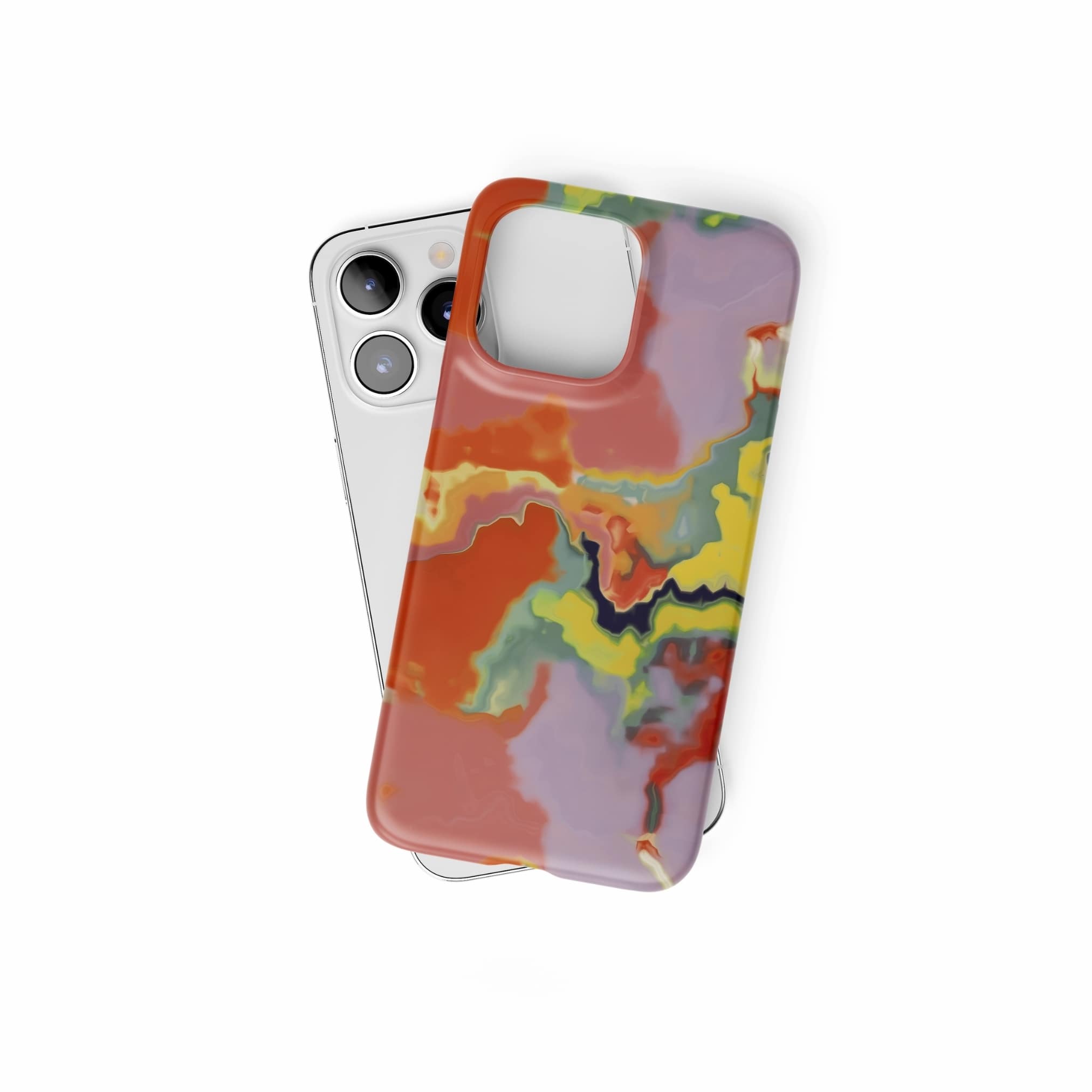 Ultra thin snap phone case front view; Tropical 1 pattern, artistic, abstract marble pattern. Orange and yellow color combination. Bold expressive aesthetic design. Colorful and interior fit. Elegant.