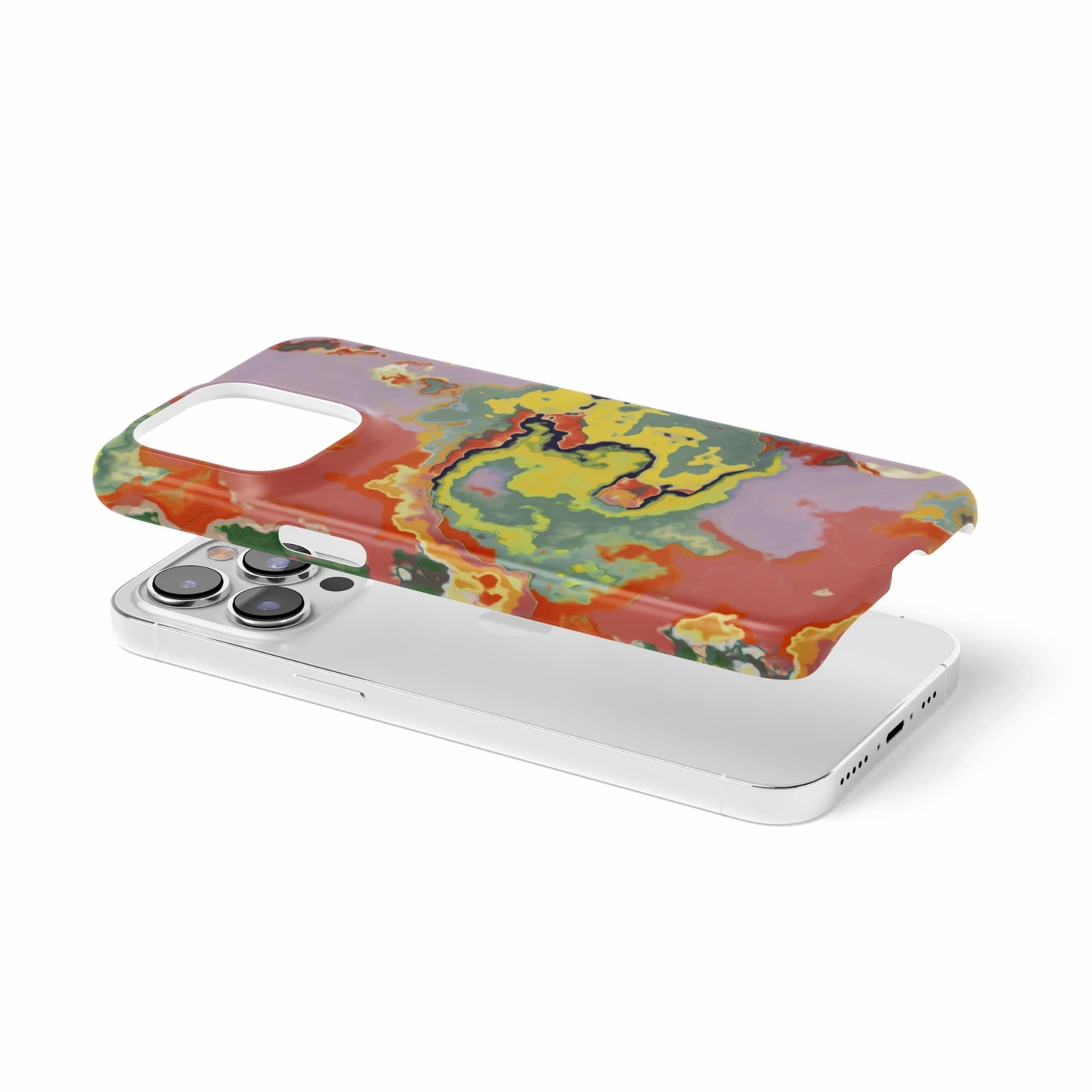 Ultra thin snap phone case extend view; Tropical 2 pattern, artistic, abstract marble pattern. Orange and green color combination.