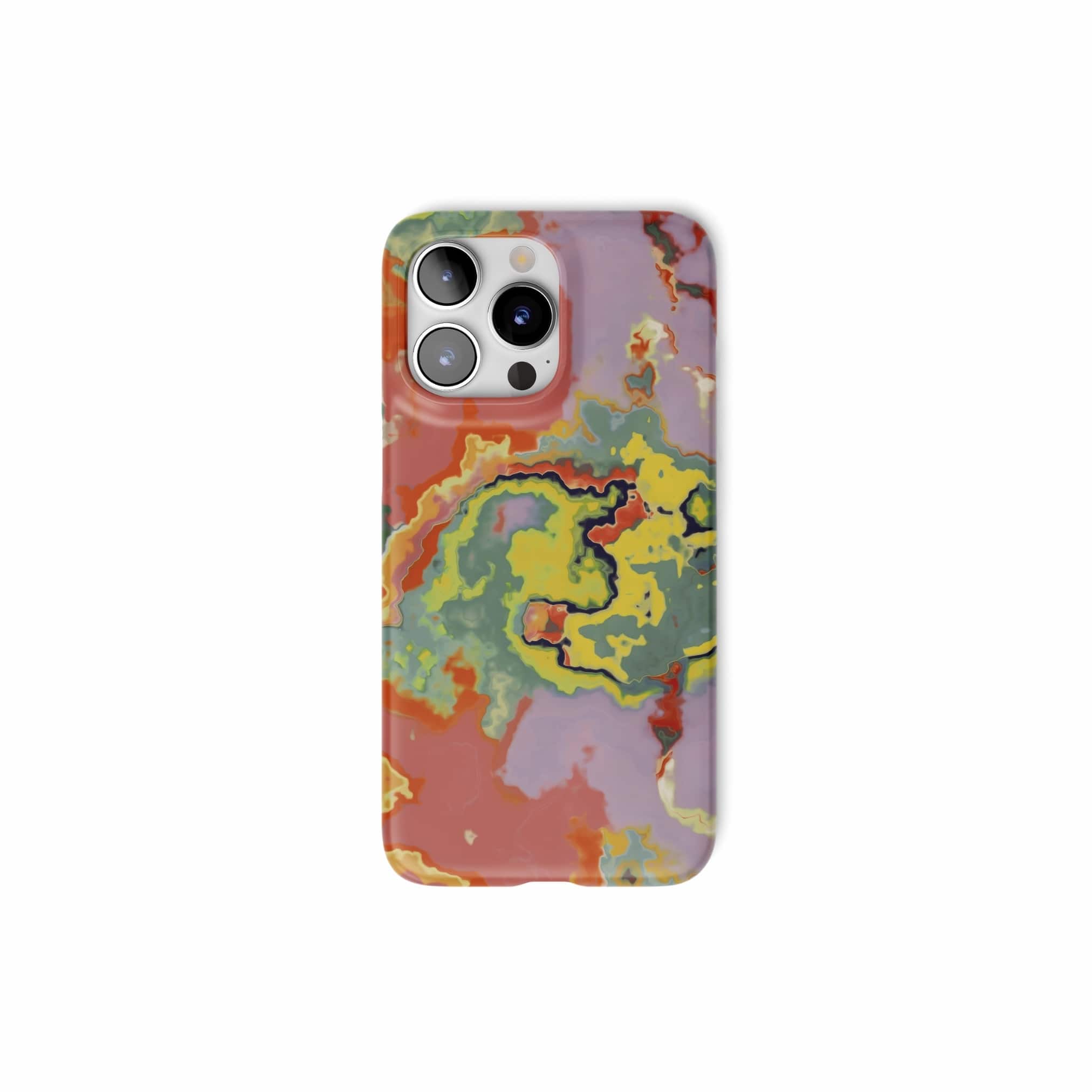 Ultra thin snap phone case front view; Tropical 2 pattern, artistic, abstract marble pattern. Orange and green color combination.