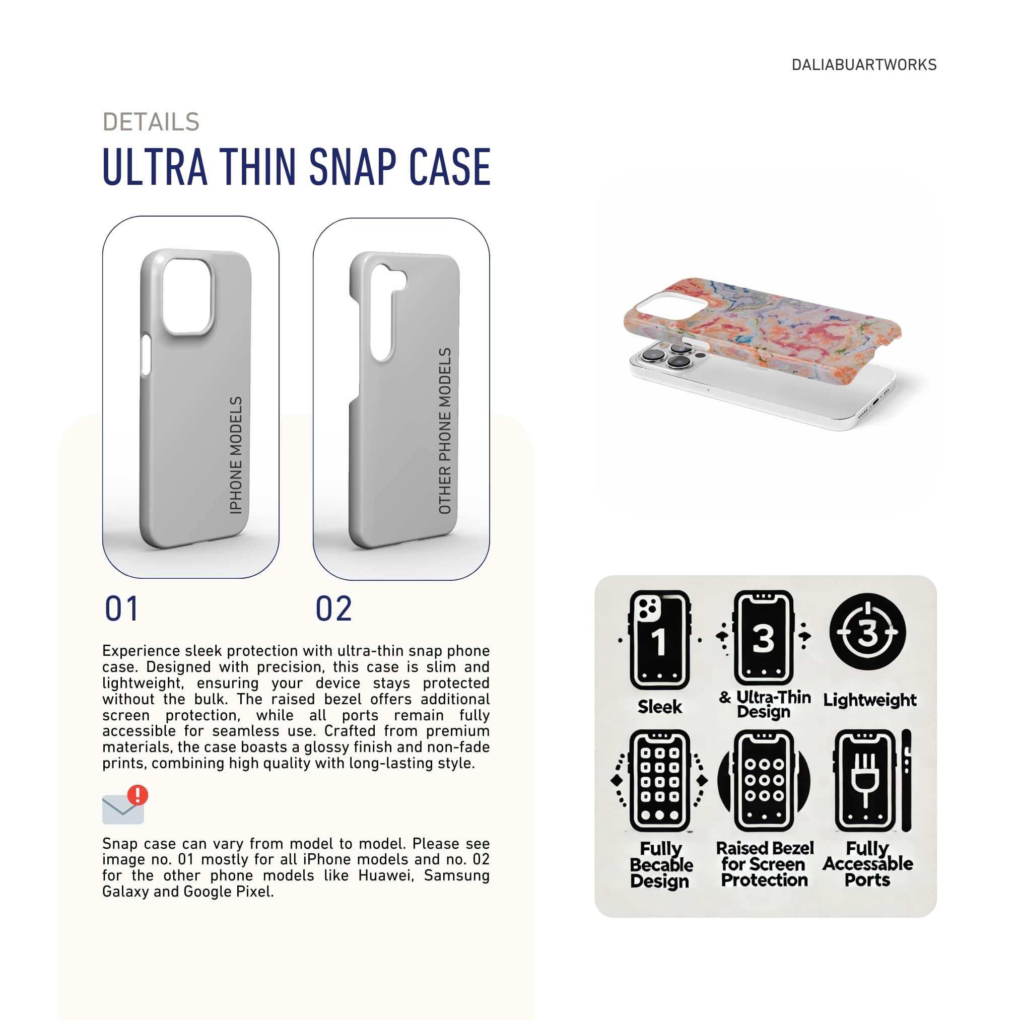 Snap ultra thin phone case with a bold vivid pattern Ufo 1 in marble abstract and artistic style, featuring an elegant and expressive aesthetic design. Main colors are blue, orange and red. Snug fit cover benefits.