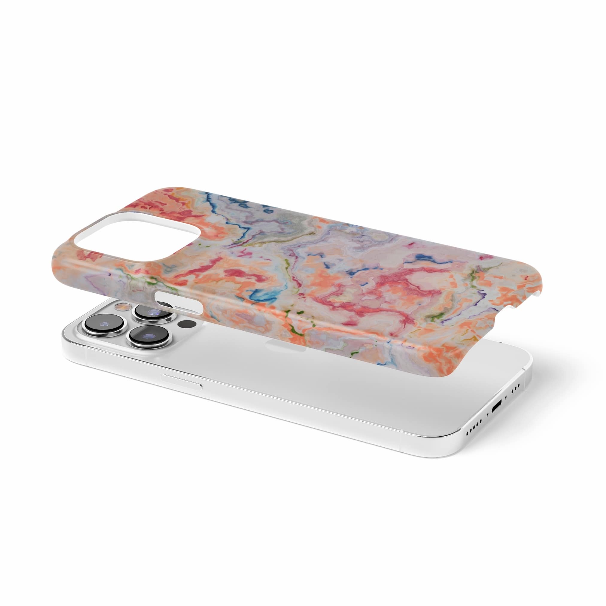 Snap ultra thin phone case with a bold vivid pattern Ufo 1 in marble abstract and artistic style, featuring an elegant and expressive aesthetic design. Main colors are blue, orange and red. Extend view.
