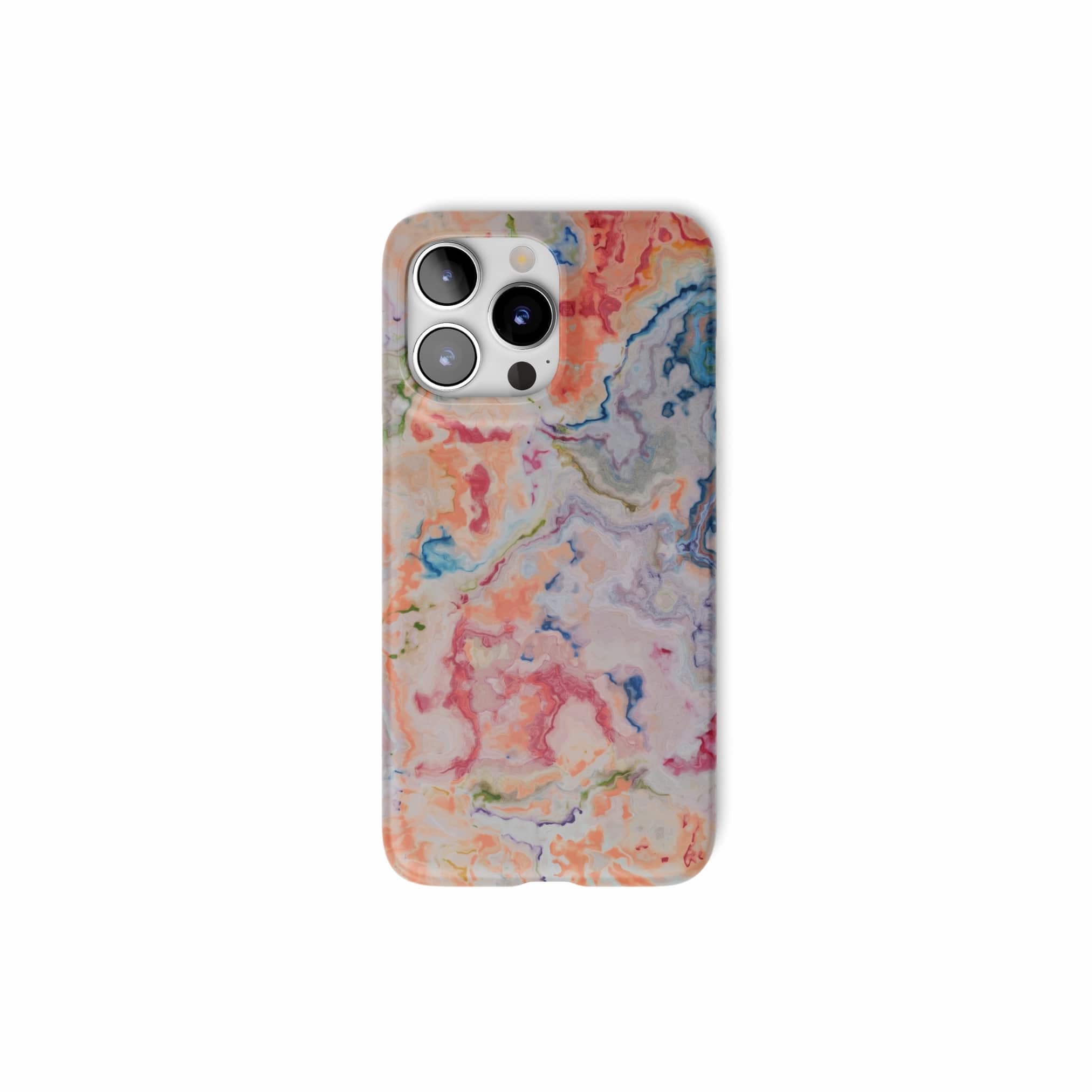Snap ultra thin phone case with a bold vivid pattern Ufo 1 in marble abstract and artistic style, featuring an elegant and expressive aesthetic design. Main colors are blue, orange and red. Front view.