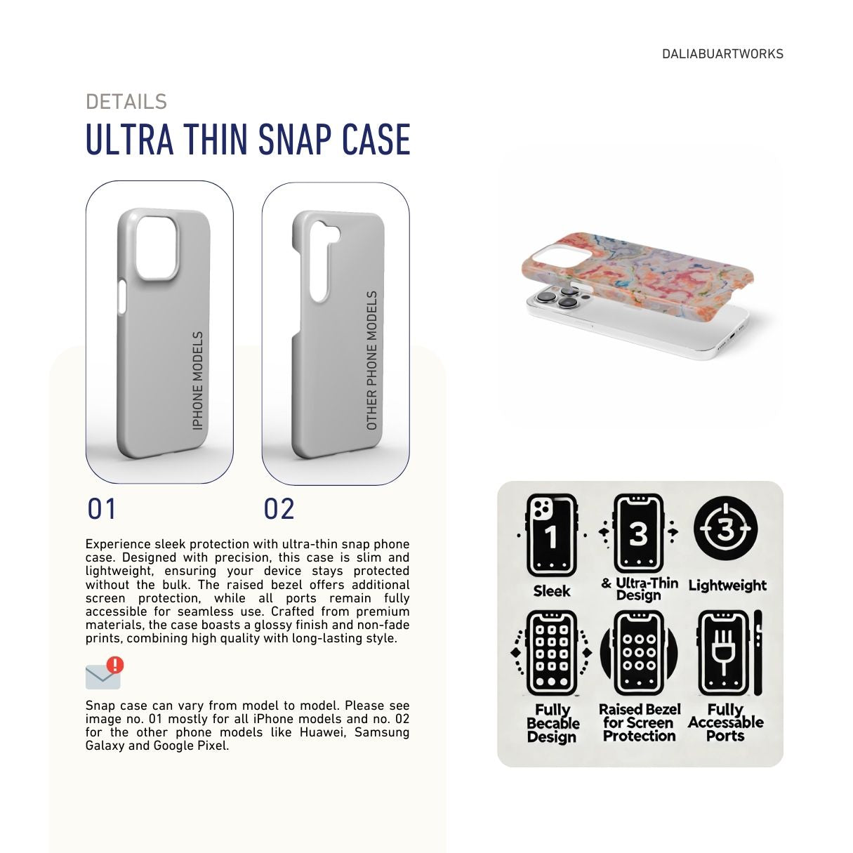Snap ultra thin phone case with a bold vivid pattern Ufo in marble abstract and artistic style, featuring an elegant and expressive aesthetic design. Main colors are blue, orange and red. Snug fit cover benefits.