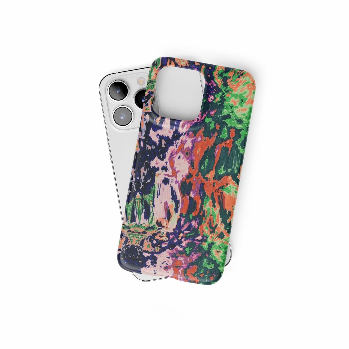 Snap ultra thin phone case with a bold vivid pattern Vincet in marble abstract and artistic style, featuring an elegant and expressive aesthetic design. Main colors are purple, orange and green. Front view.