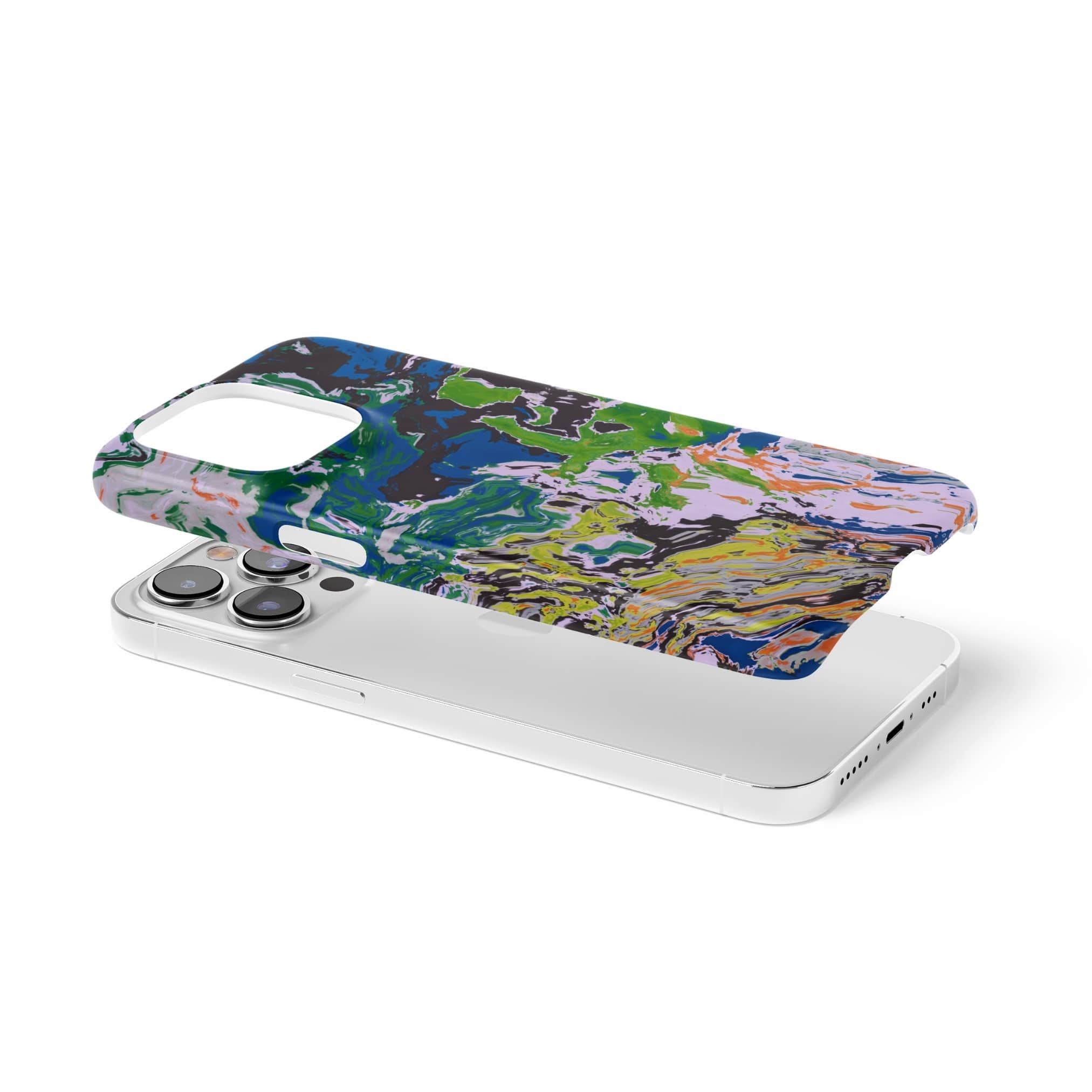 Snap phone case with a bold vivid pattern in marble abstract and artistic style, featuring an elegant and expressive aesthetic design. Main colors are blue, green and yellow with slight orange. Extend view.