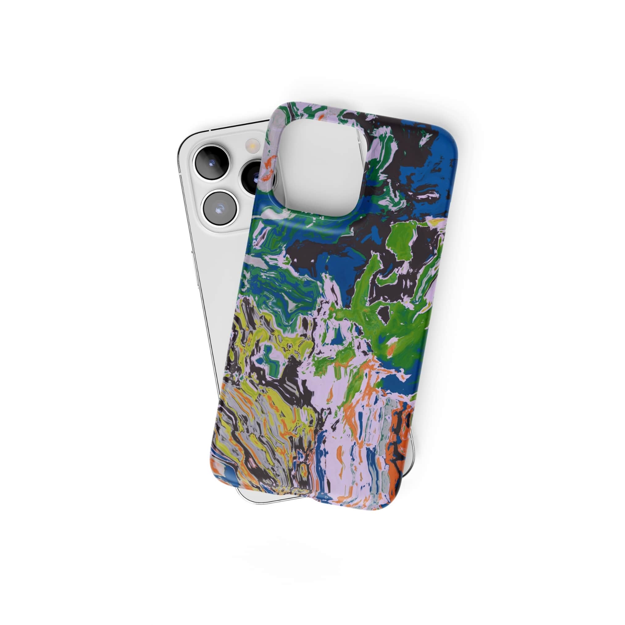 Snap phone case with a bold vivid pattern in marble abstract and artistic style, featuring an elegant and expressive aesthetic design. Main colors are blue, green and yellow with slight orange. Front view.